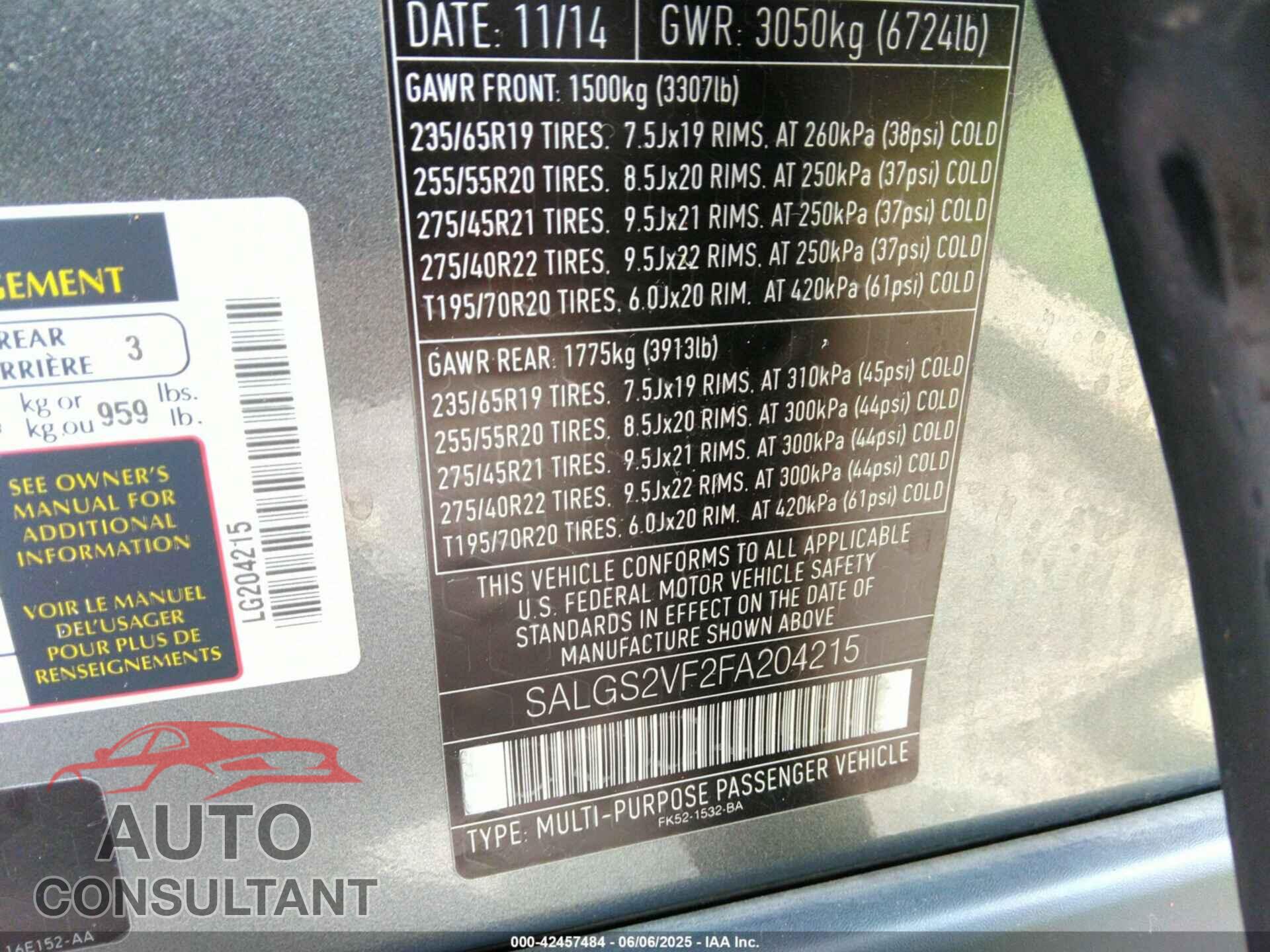 LAND ROVER RANGE ROVER 2015 - SALGS2VF2FA204215