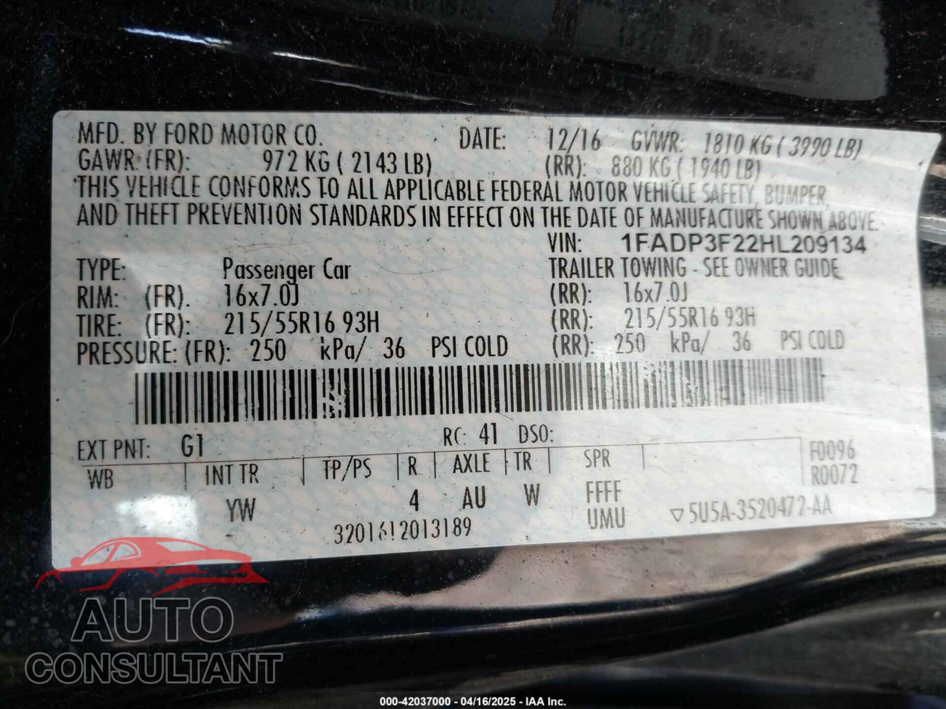 FORD FOCUS 2017 - 1FADP3F22HL209134