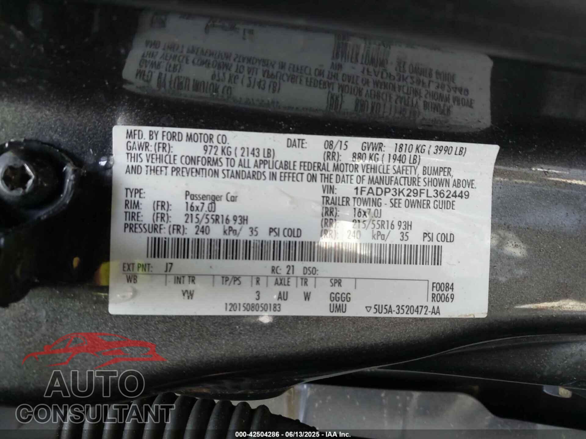 FORD FOCUS 2015 - 1FADP3K29FL362449