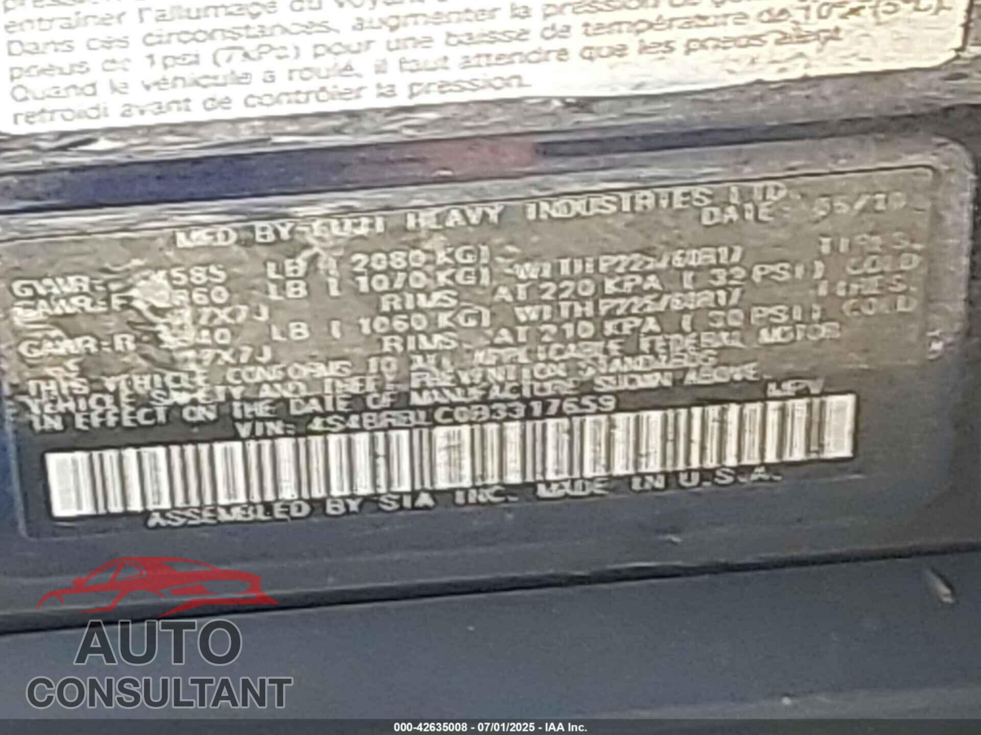SUBARU OUTBACK 2011 - 4S4BRBLC0B3317659