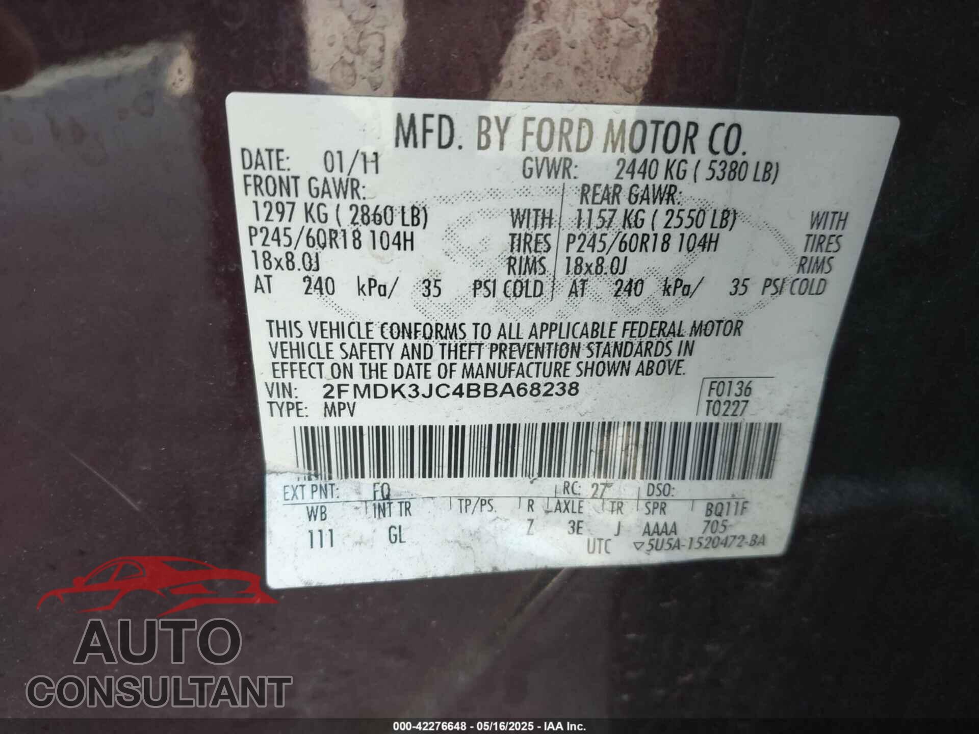 FORD EDGE 2011 - 2FMDK3JC4BBA68238