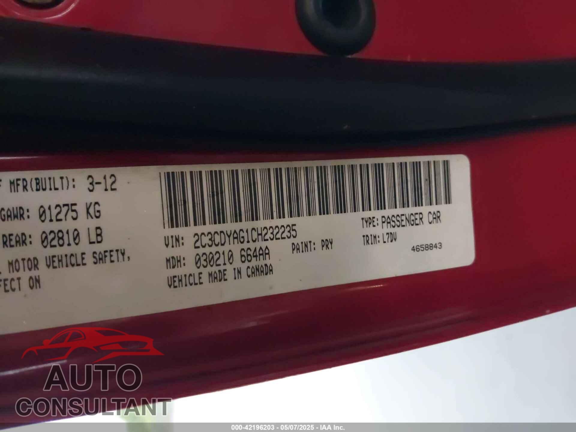 DODGE CHALLENGER 2012 - 2C3CDYAG1CH232235
