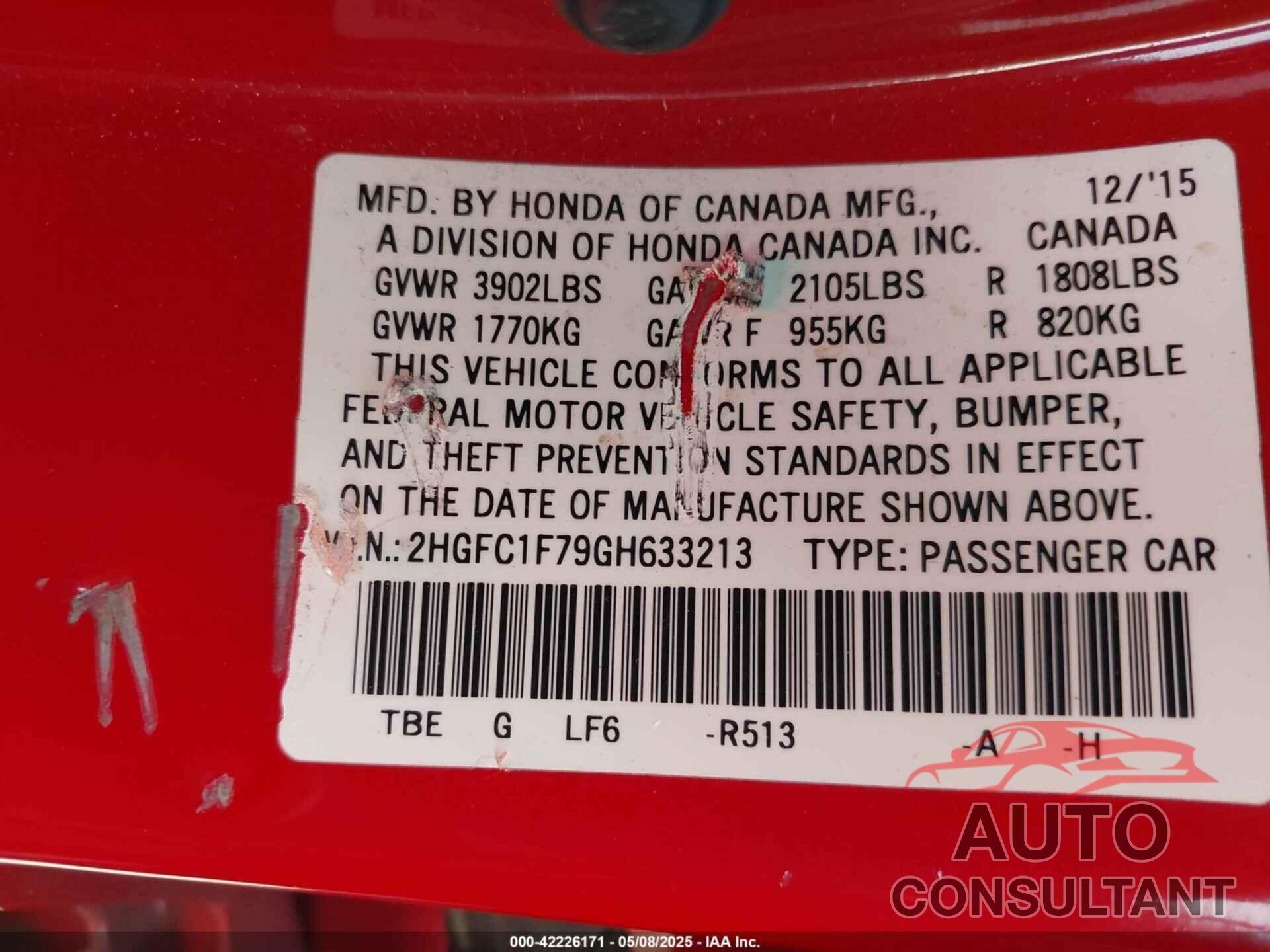 HONDA CIVIC 2016 - 2HGFC1F79GH633213