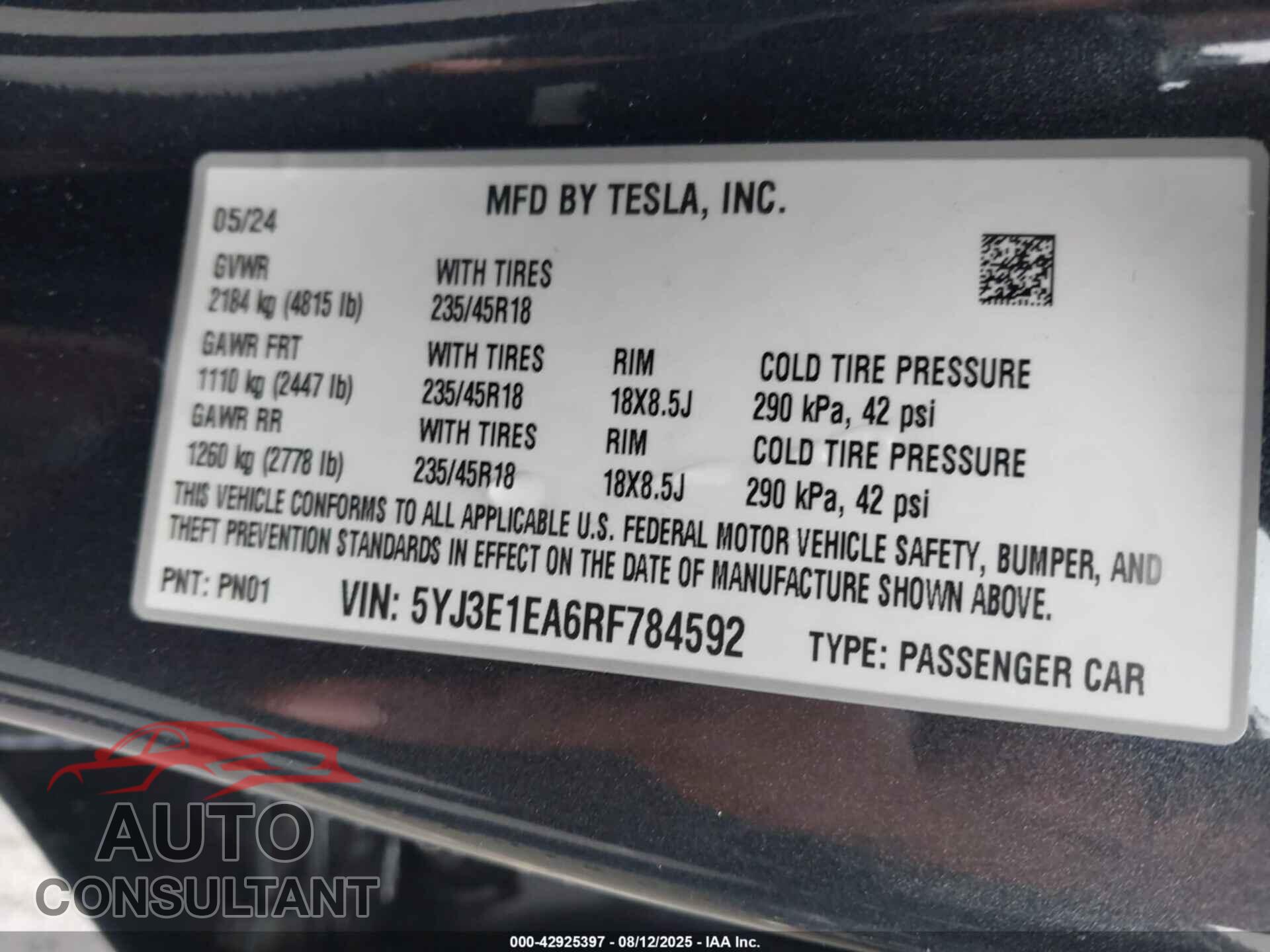 TESLA MODEL 3 2024 - 5YJ3E1EA6RF784592