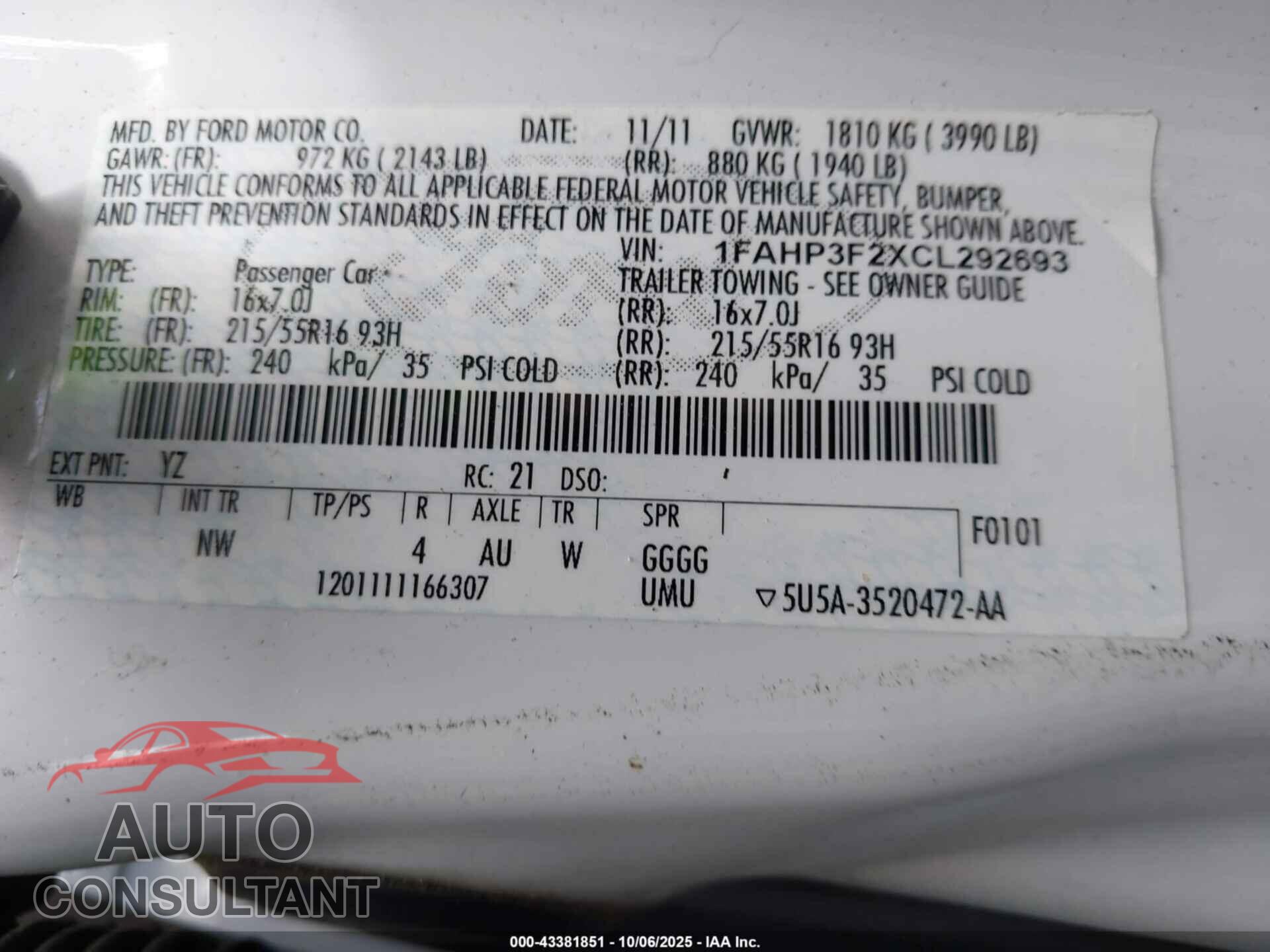 FORD FOCUS 2012 - 1FAHP3F2XCL292693