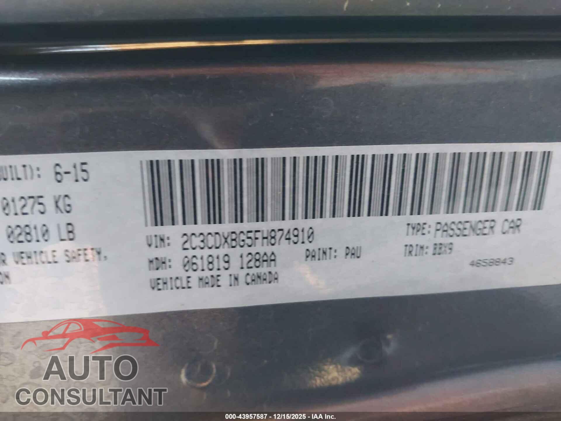 DODGE CHARGER 2015 - 2C3CDXBG5FH874910