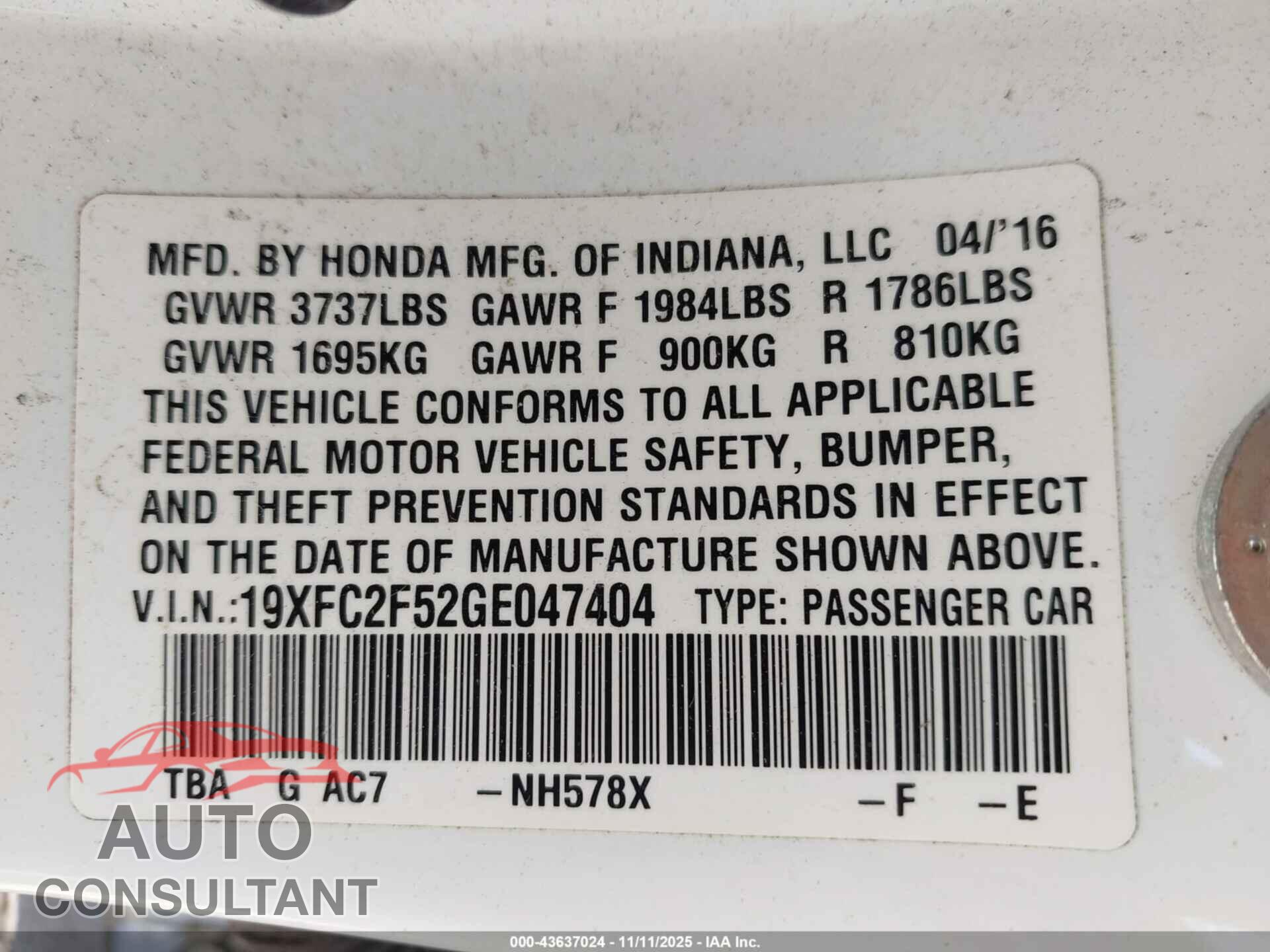 HONDA CIVIC 2016 - 19XFC2F52GE047404