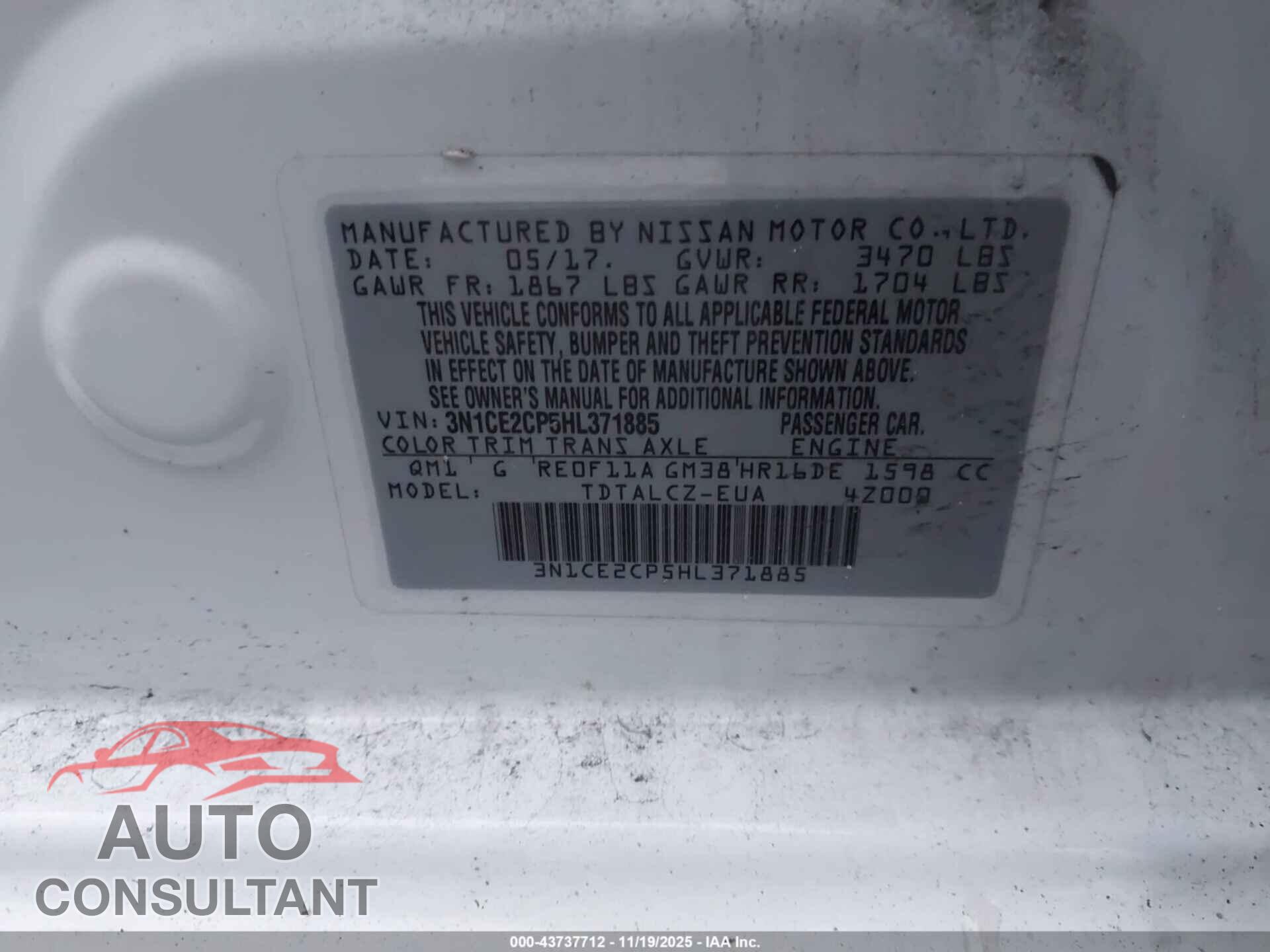 NISSAN VERSA NOTE 2017 - 3N1CE2CP5HL371885