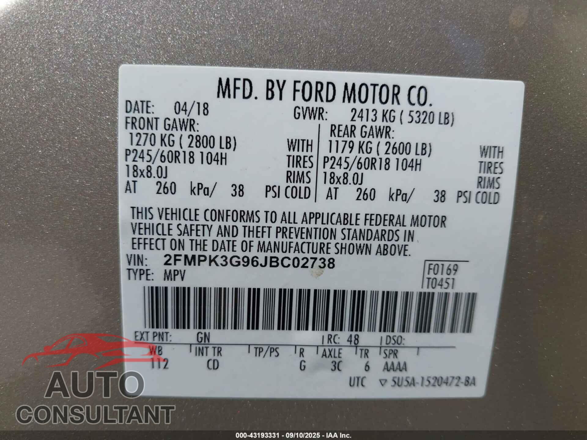 FORD EDGE 2018 - 2FMPK3G96JBC02738