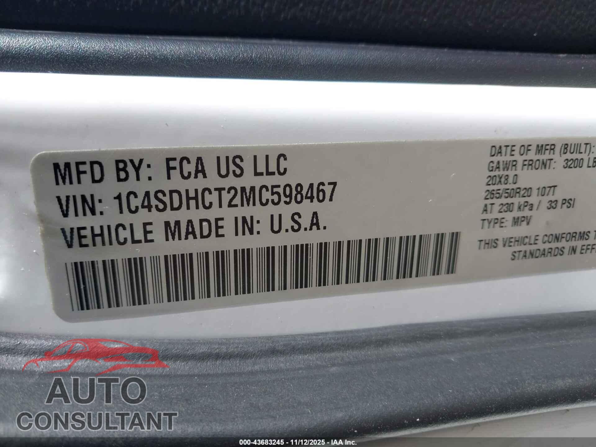 DODGE DURANGO 2021 - 1C4SDHCT2MC598467