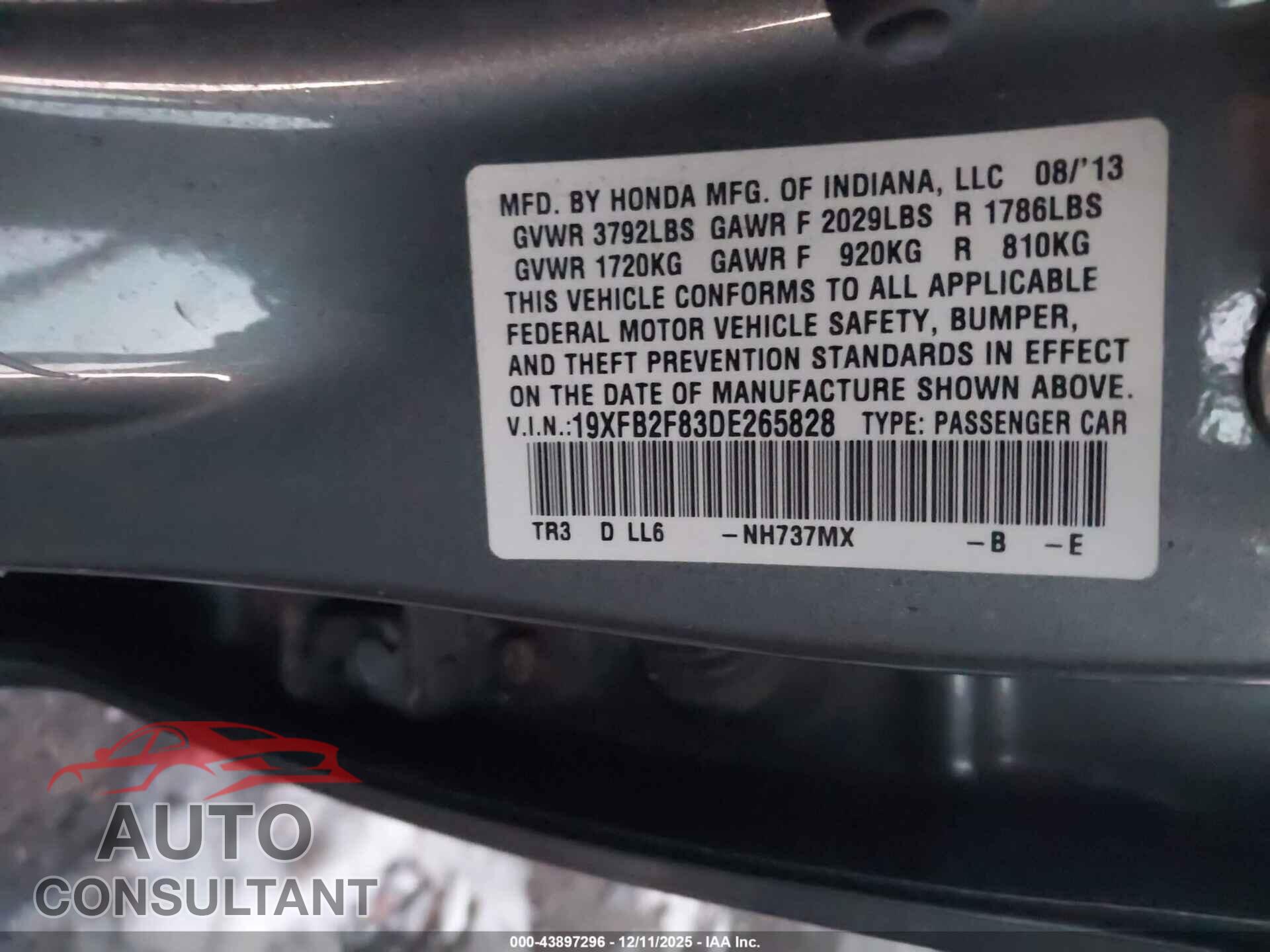 HONDA CIVIC 2013 - 19XFB2F83DE265828