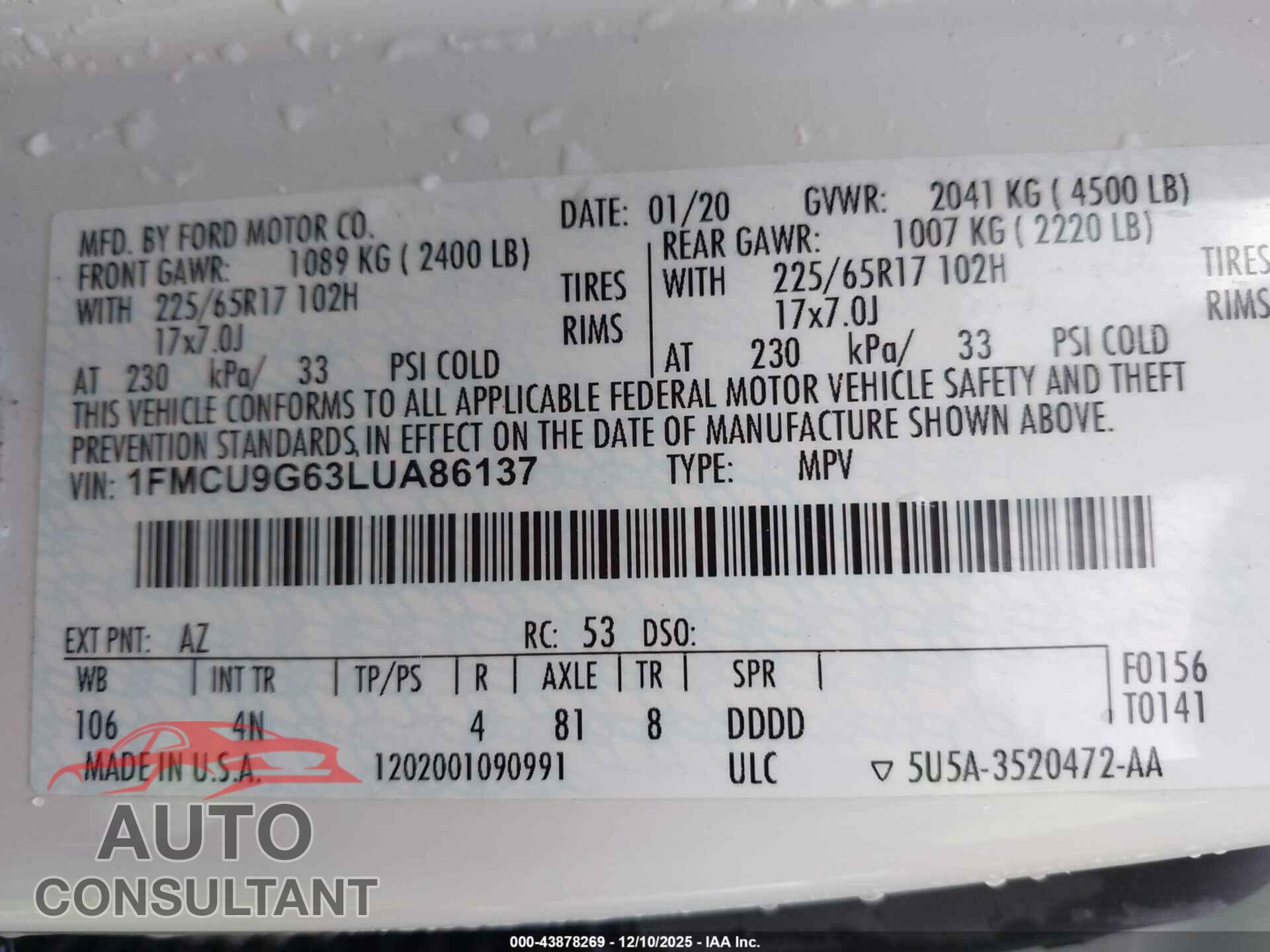 FORD ESCAPE 2020 - 1FMCU9G63LUA86137