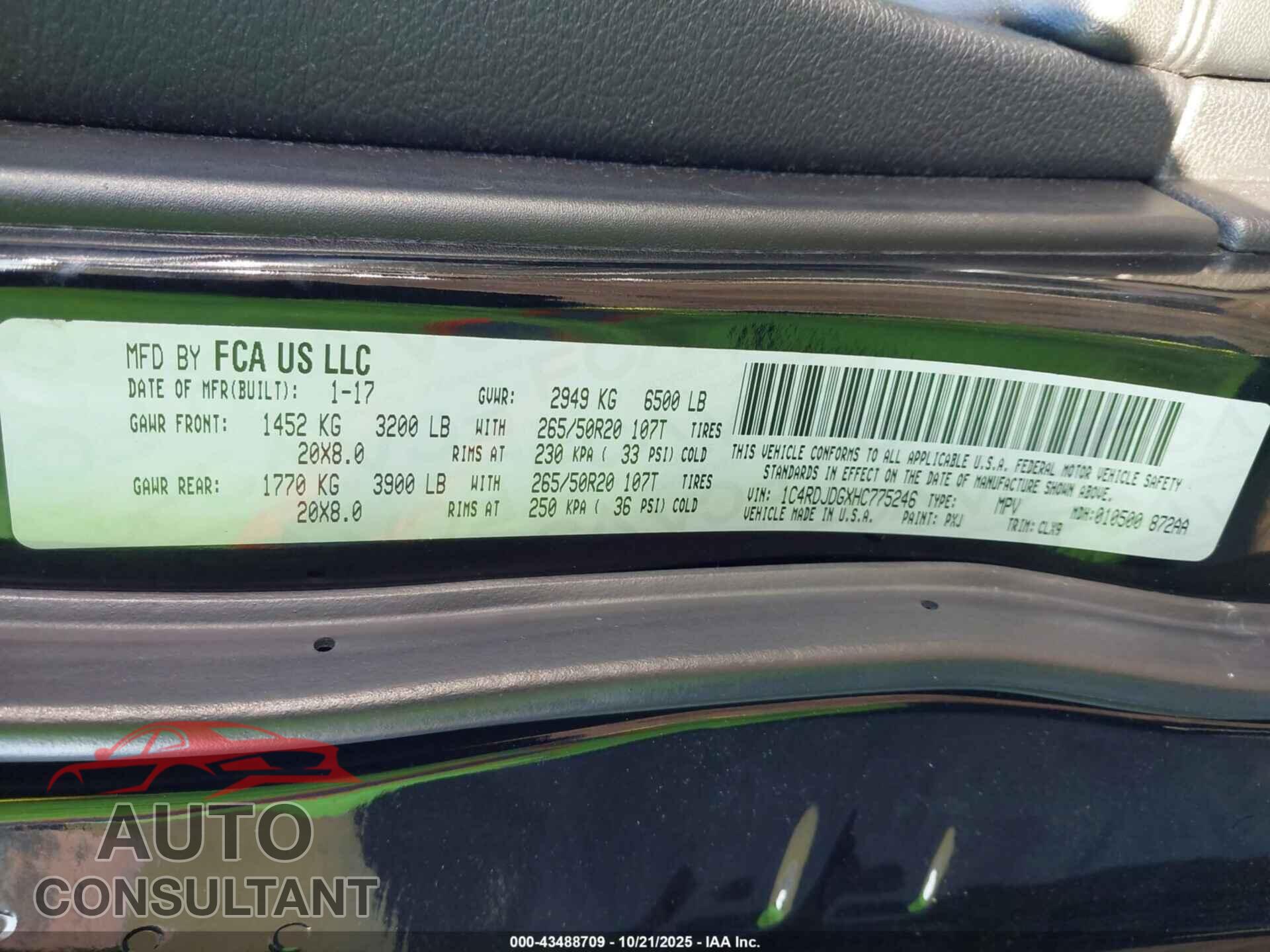 DODGE DURANGO 2017 - 1C4RDJDGXHC775246
