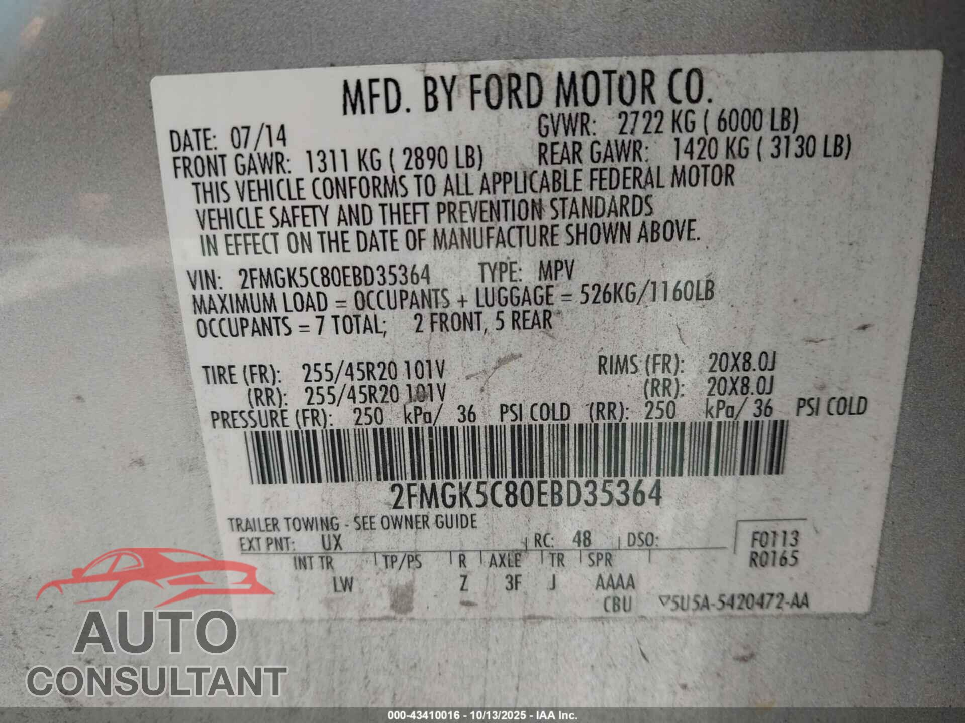 FORD FLEX 2014 - 2FMGK5C80EBD35364
