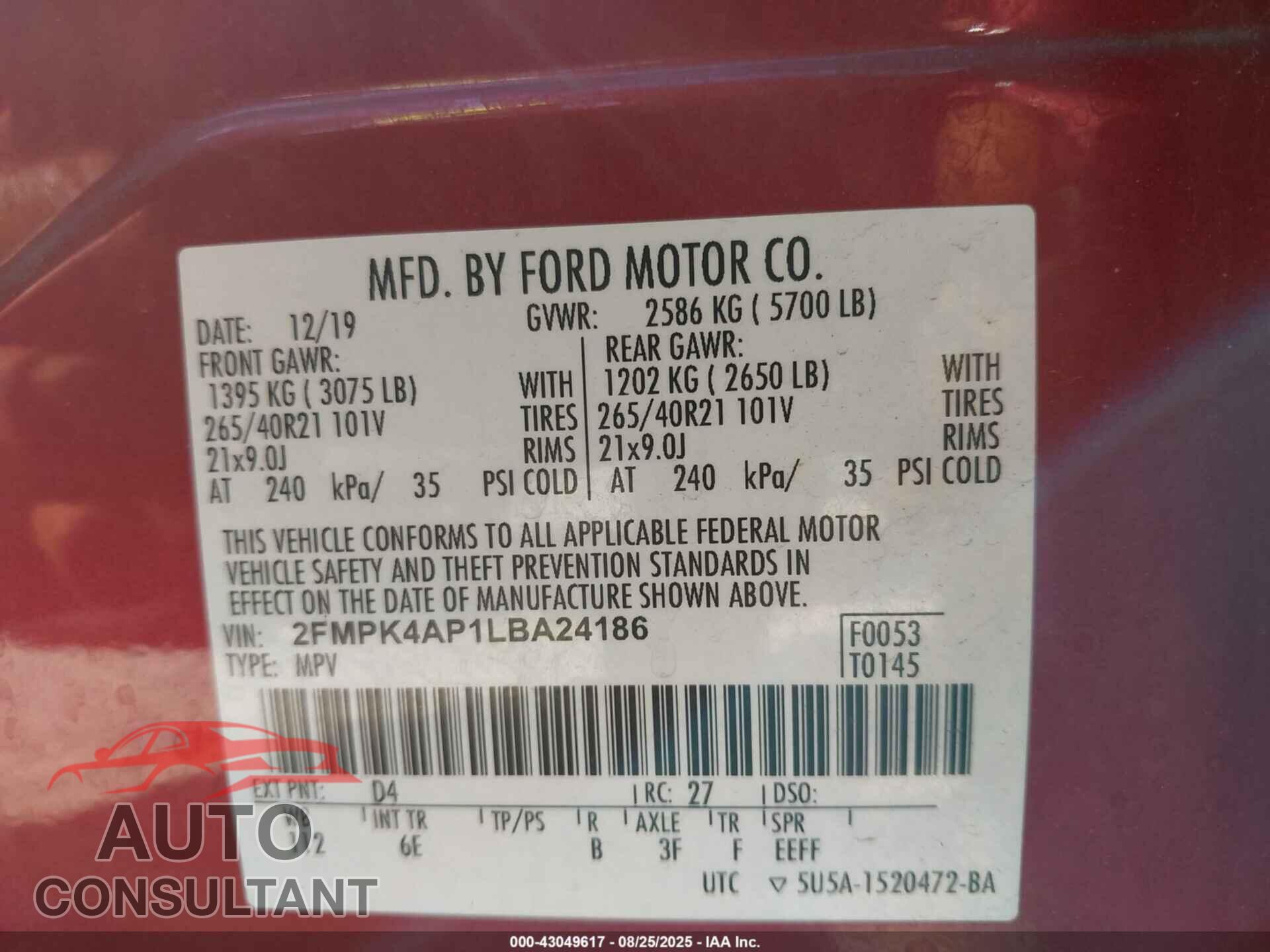 FORD EDGE 2020 - 2FMPK4AP1LBA24186