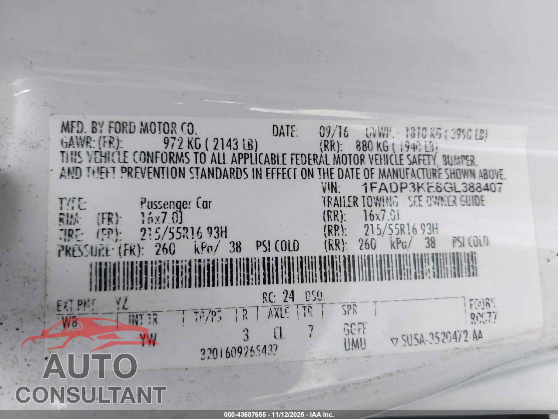 FORD FOCUS 2016 - 1FADP3KE8GL388407