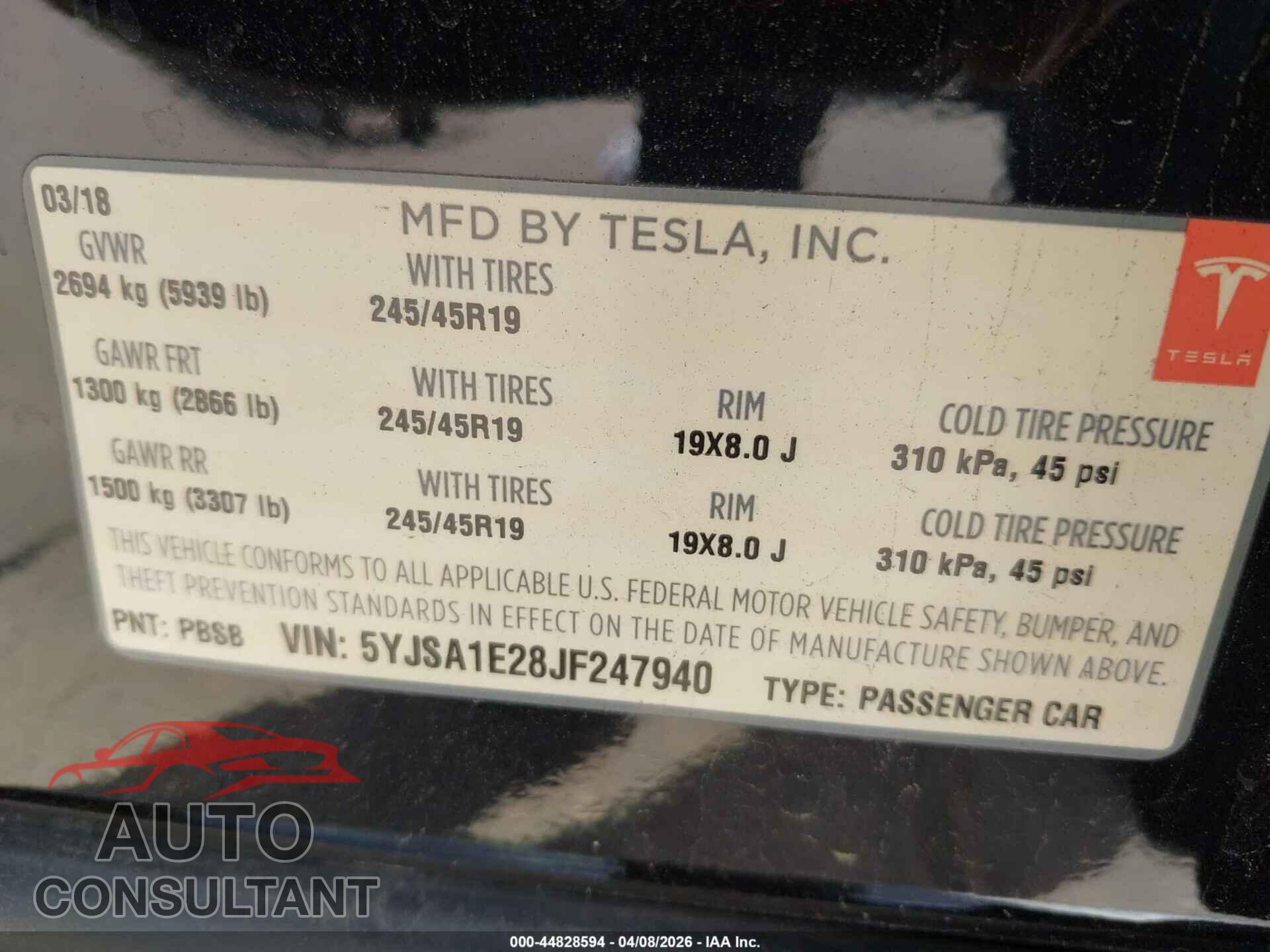 TESLA MODEL S 2018 - 5YJSA1E28JF247940