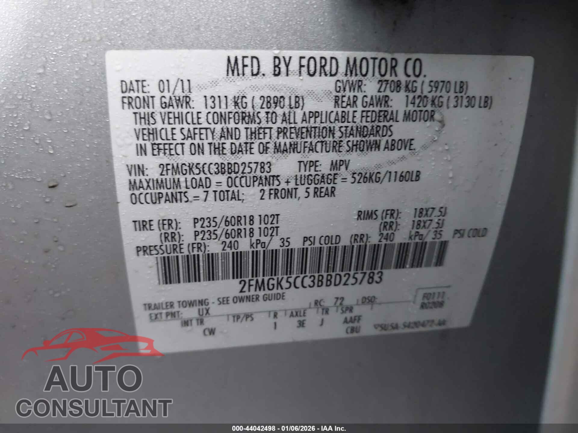 FORD FLEX 2011 - 2FMGK5CC3BBD25783