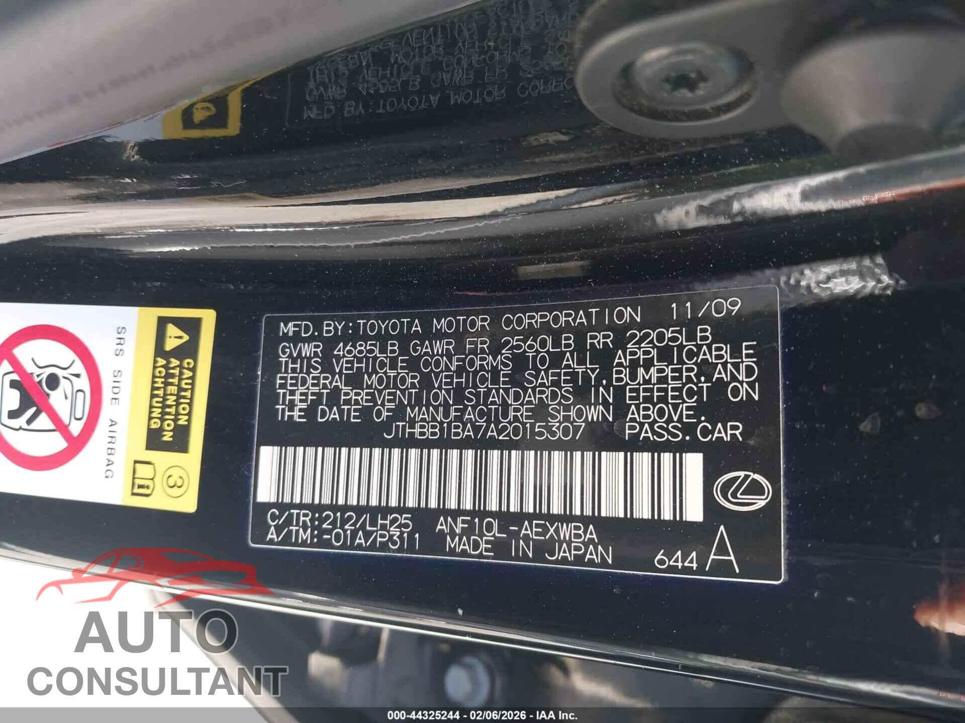 LEXUS HS 250H 2010 - JTHBB1BA7A2015307