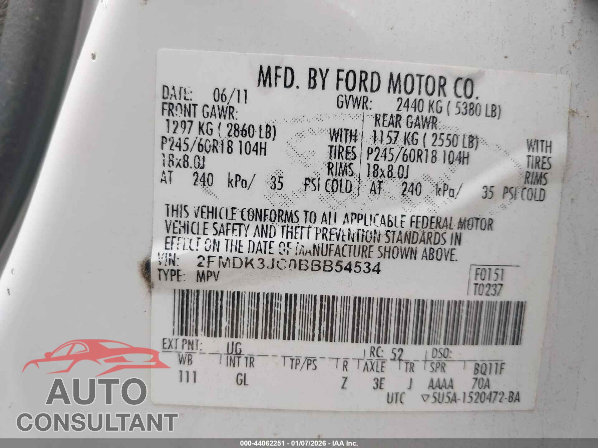 FORD EDGE 2011 - 2FMDK3JC0BBB54534