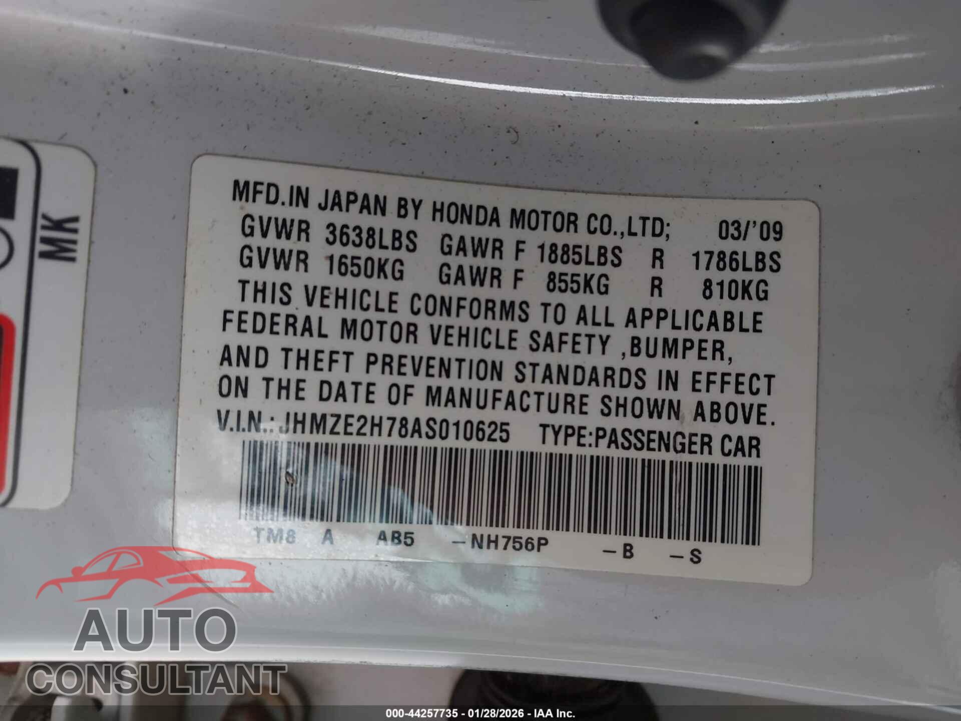 HONDA INSIGHT 2010 - JHMZE2H78AS010625