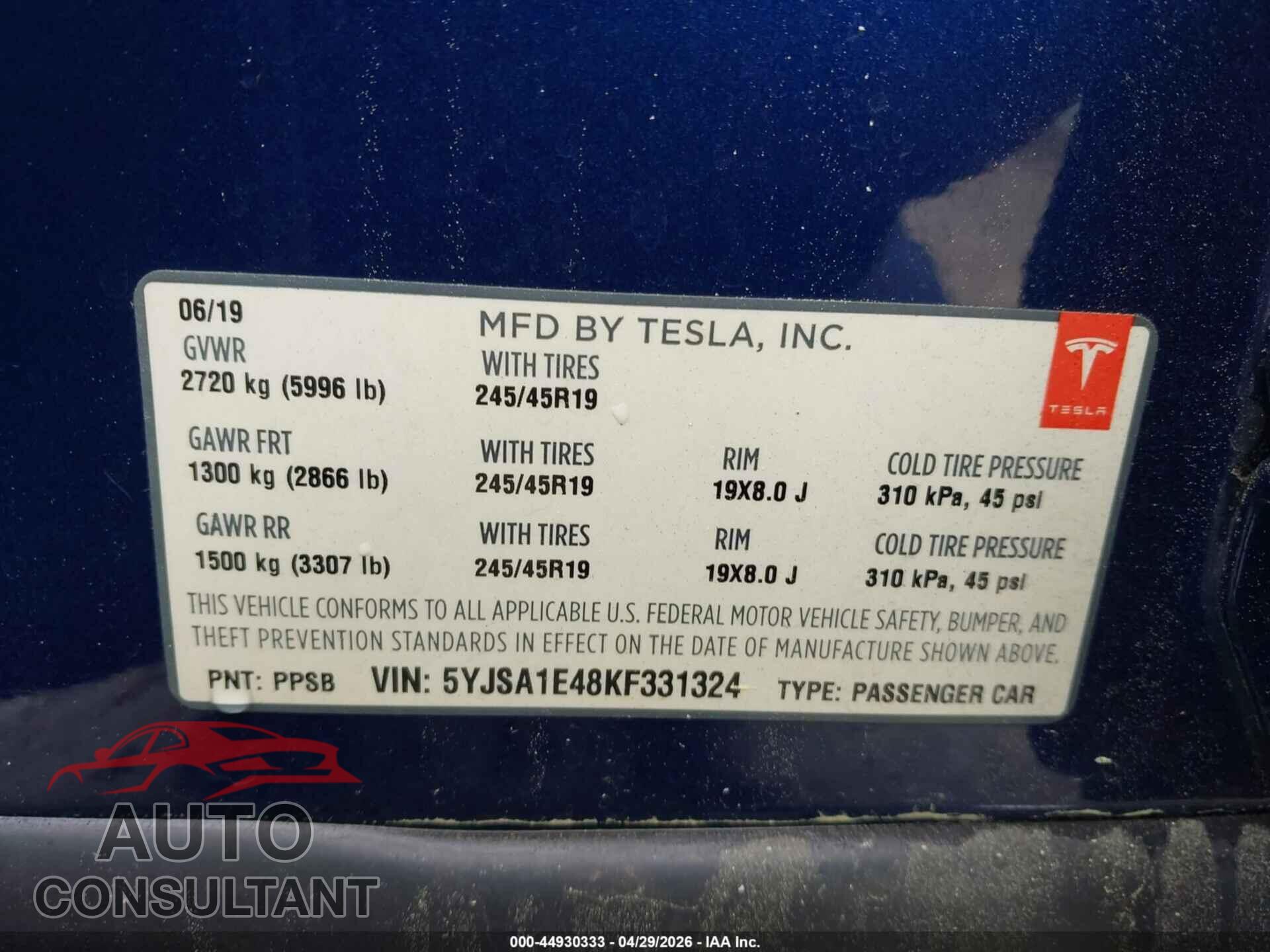 TESLA MODEL S 2019 - 5YJSA1E48KF331324