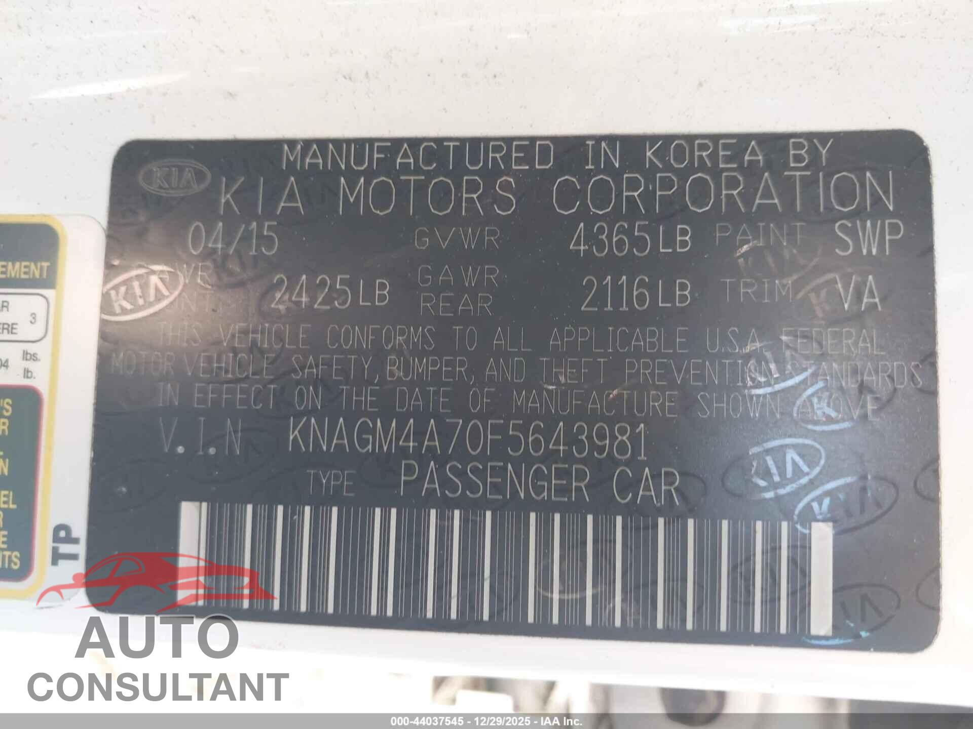 KIA OPTIMA 2015 - KNAGM4A70F5643981
