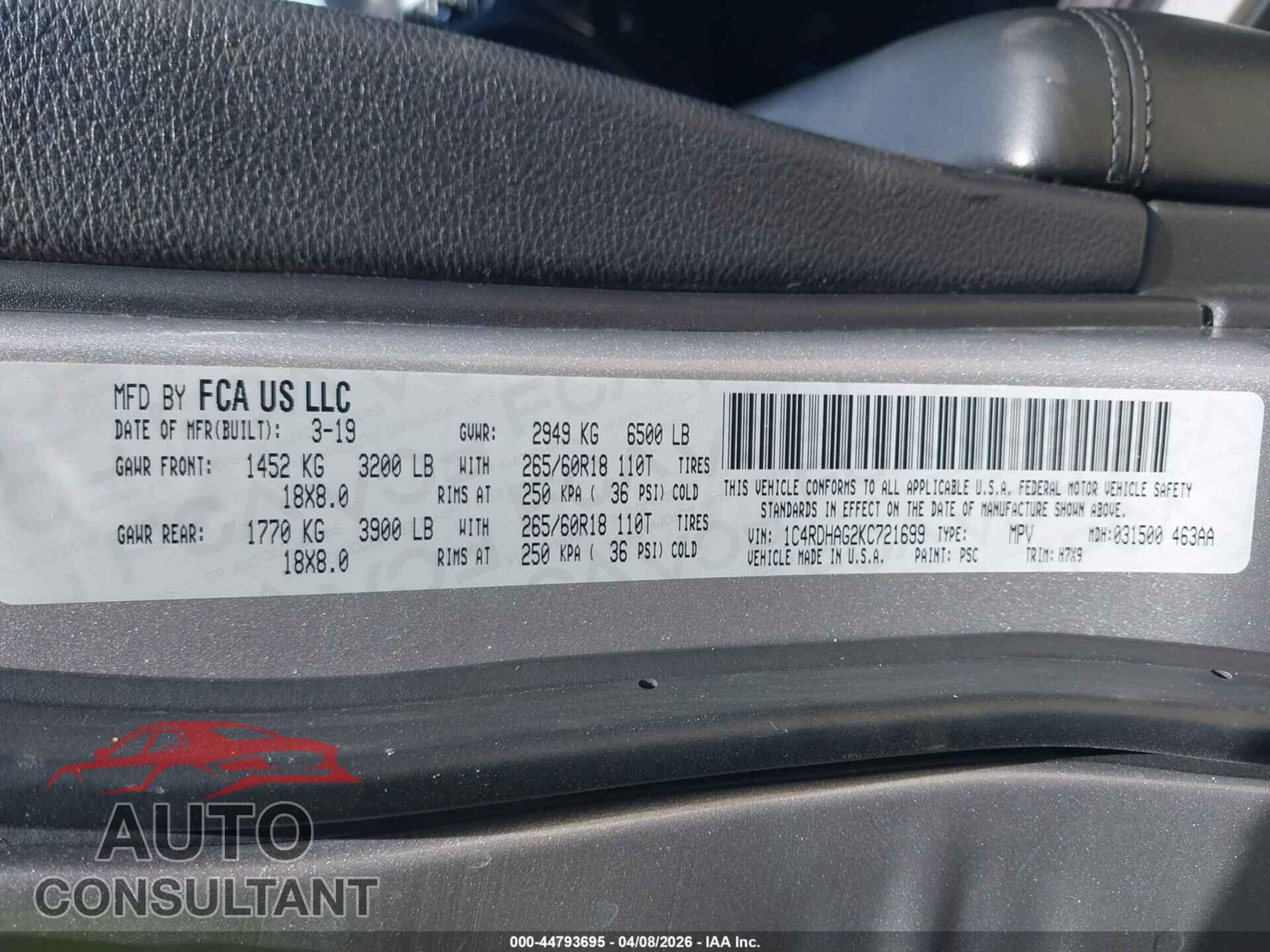 DODGE DURANGO 2019 - 1C4RDHAG2KC721699