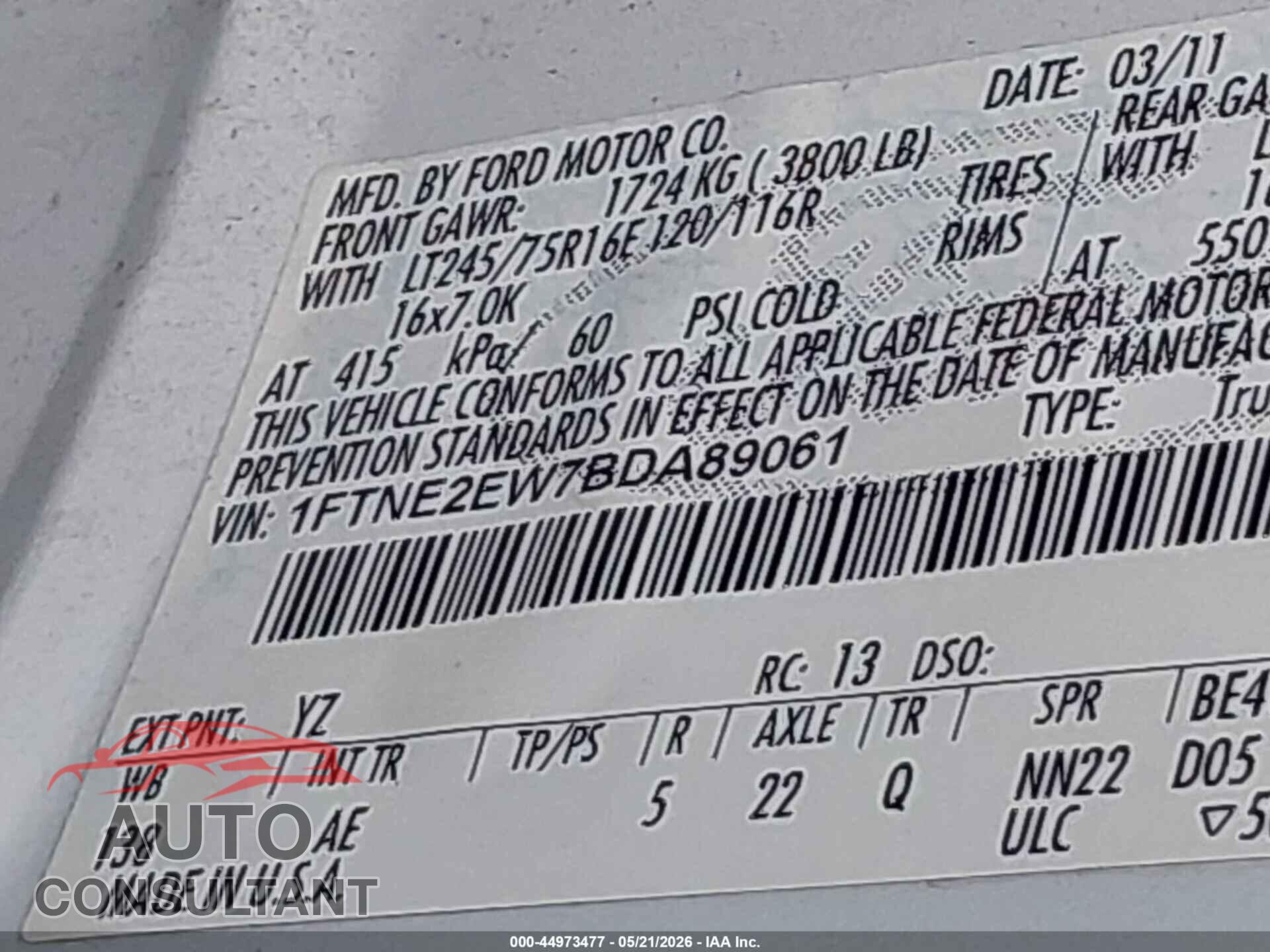 FORD E-250 2011 - 1FTNE2EW7BDA89061