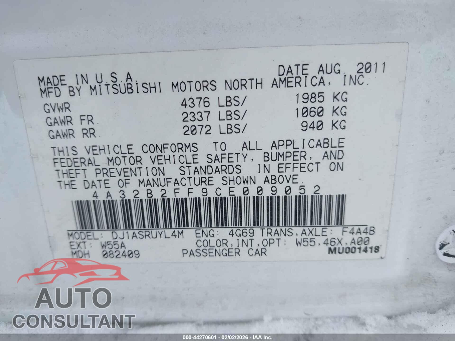 MITSUBISHI GALANT 2012 - 4A32B2FF9CE009052