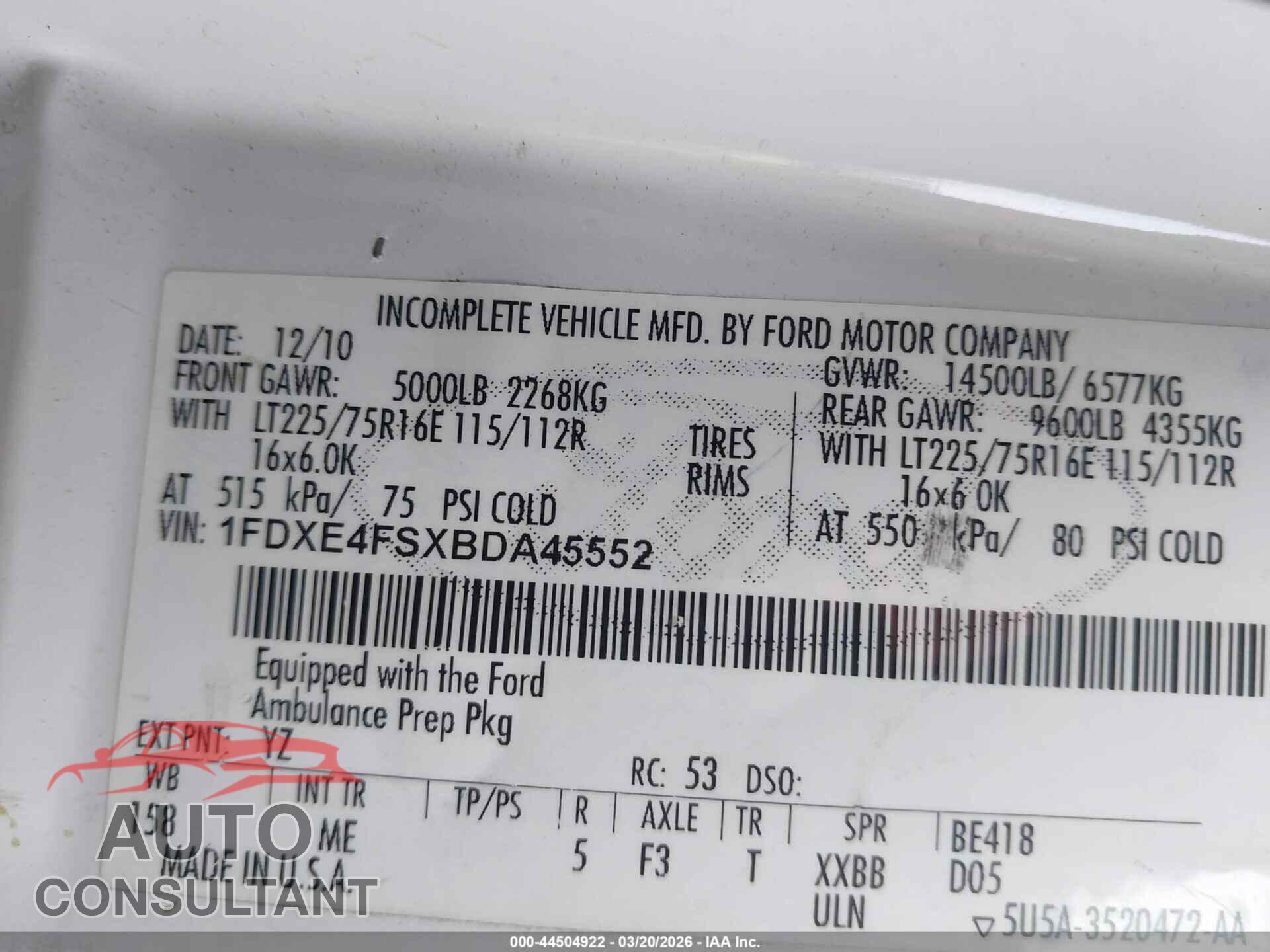 FORD E-450 CUTAWAY 2011 - 1FDXE4FSXBDA45552