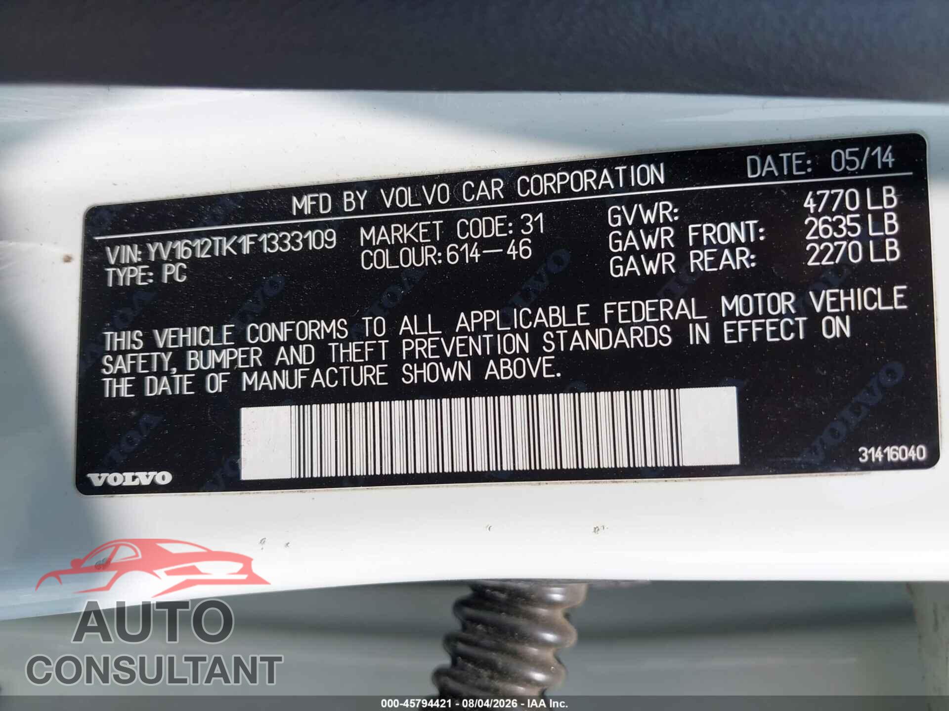 VOLVO S60 2015 - YV1612TK1F1333109