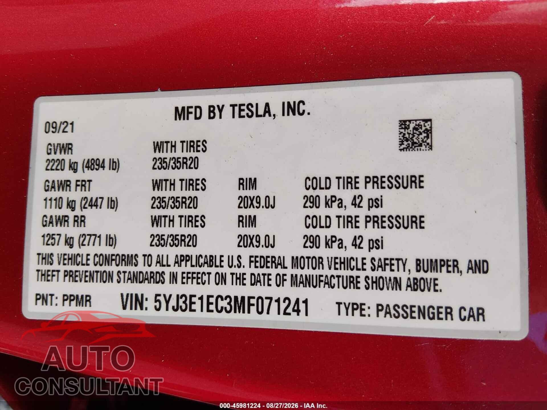 TESLA MODEL 3 2021 - 5YJ3E1EC3MF071241