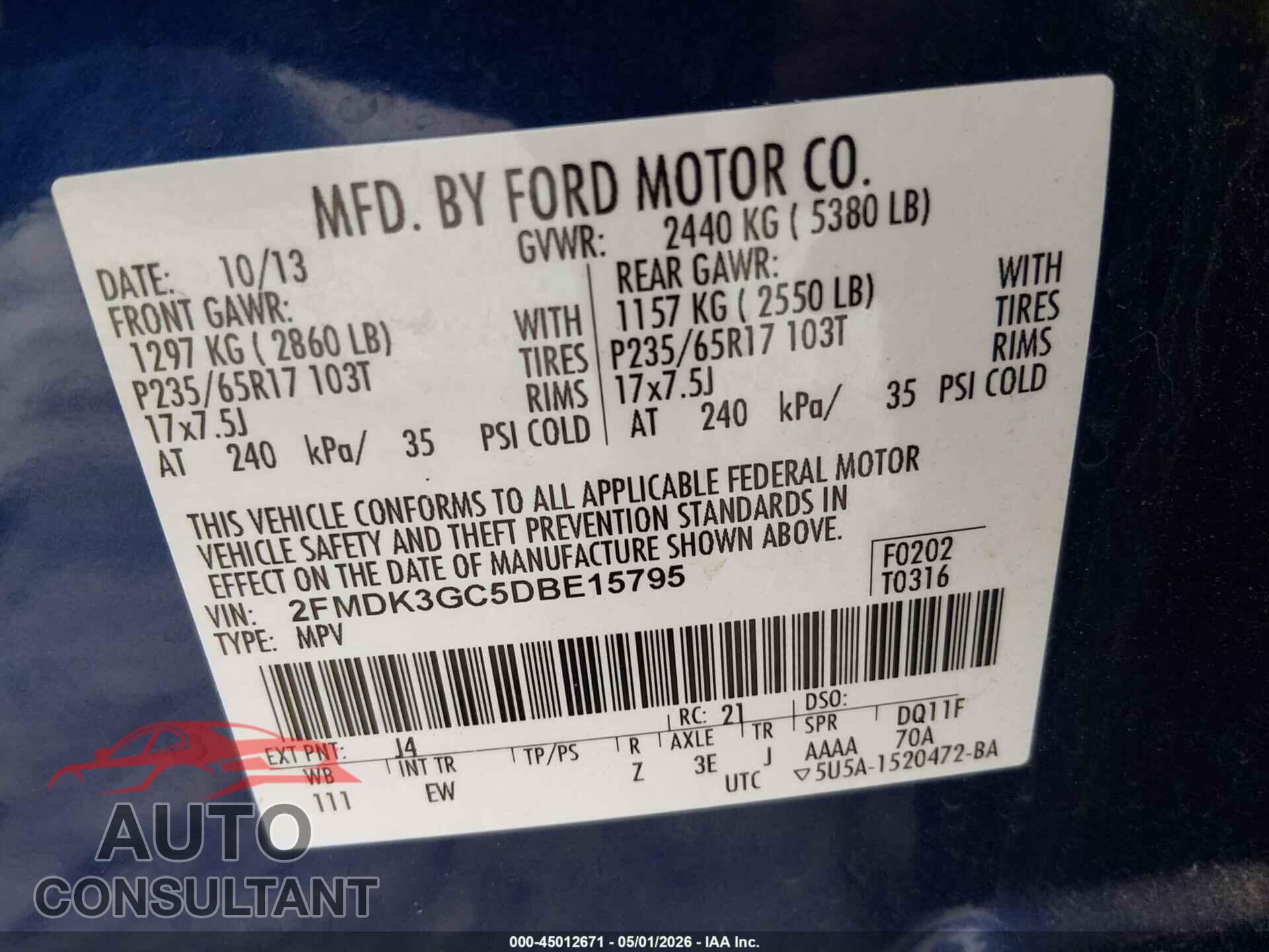 FORD EDGE 2013 - 2FMDK3GC5DBE15795