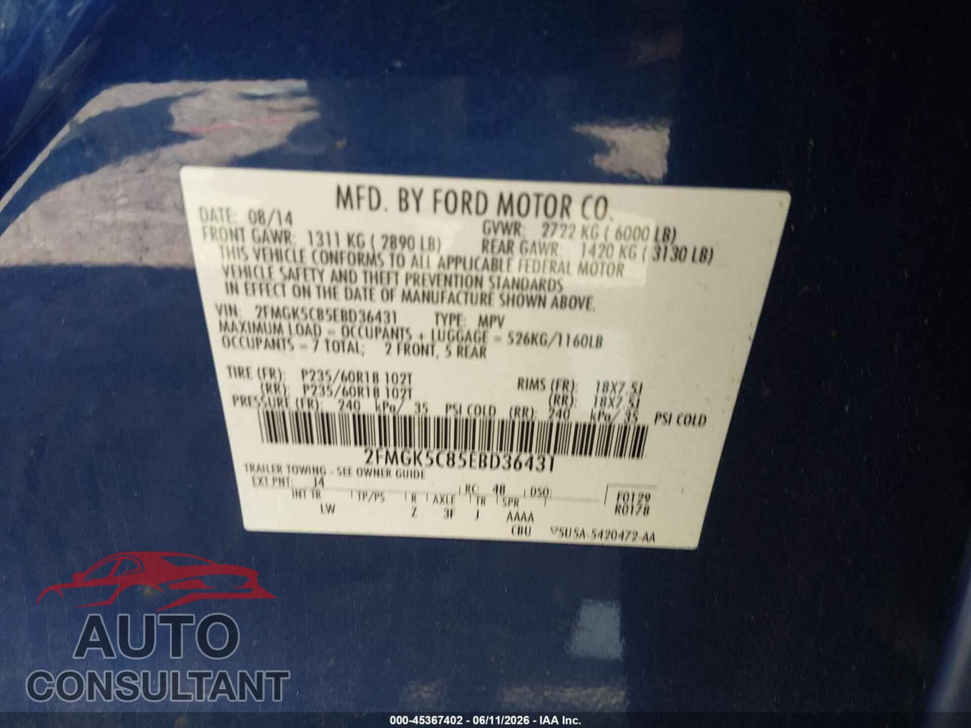 FORD FLEX 2014 - 2FMGK5C85EBD36431