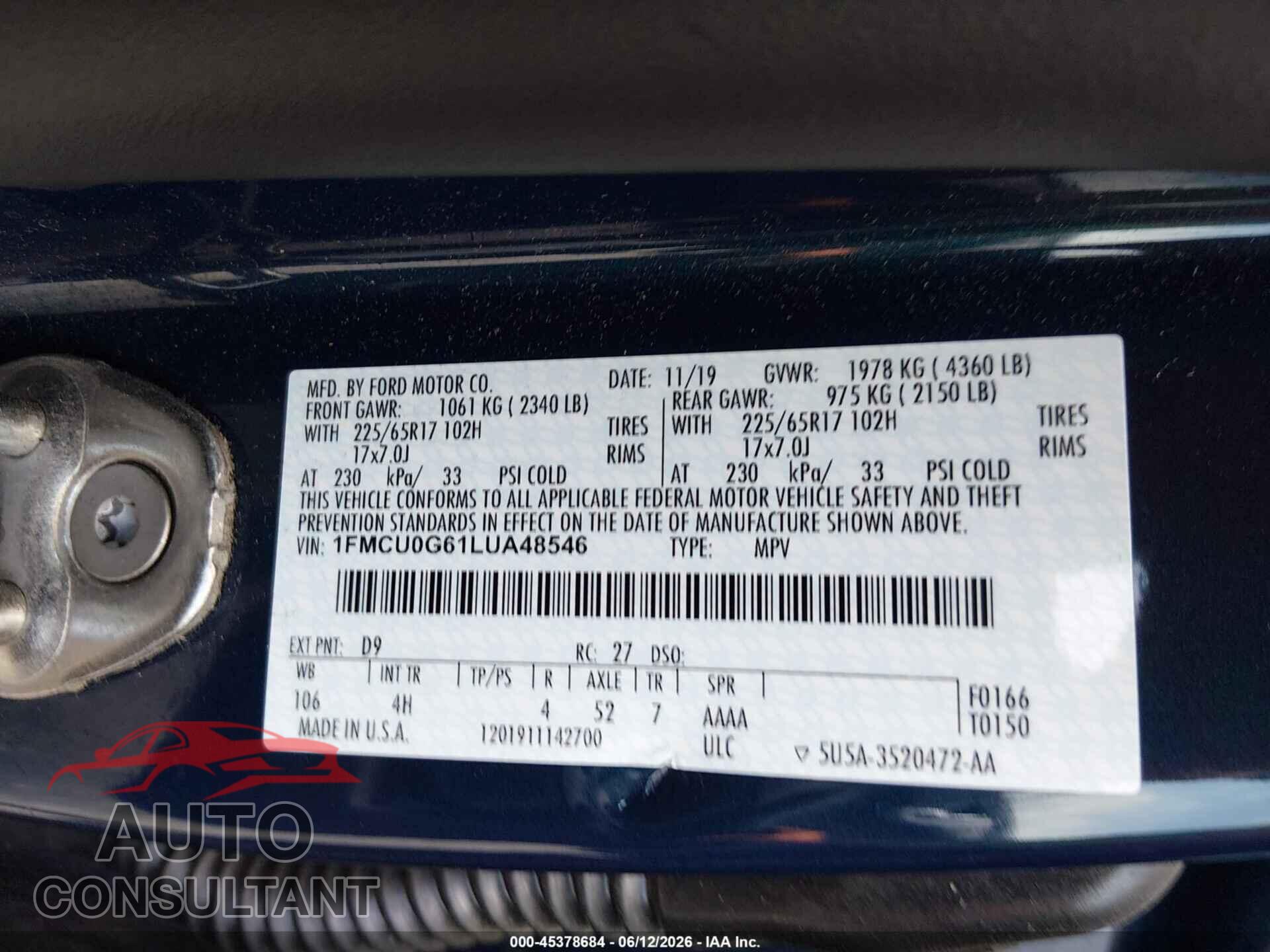 FORD ESCAPE 2020 - 1FMCU0G61LUA48546