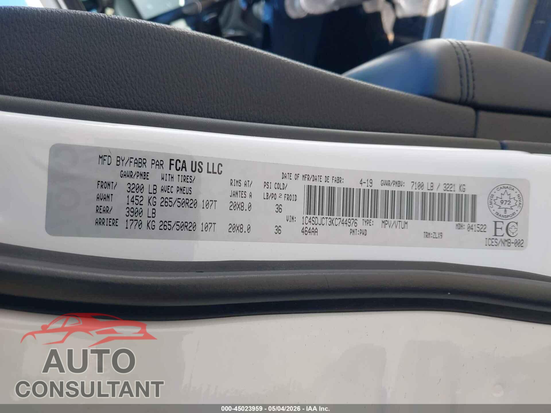DODGE DURANGO 2019 - 1C4SDJCT3KC744976