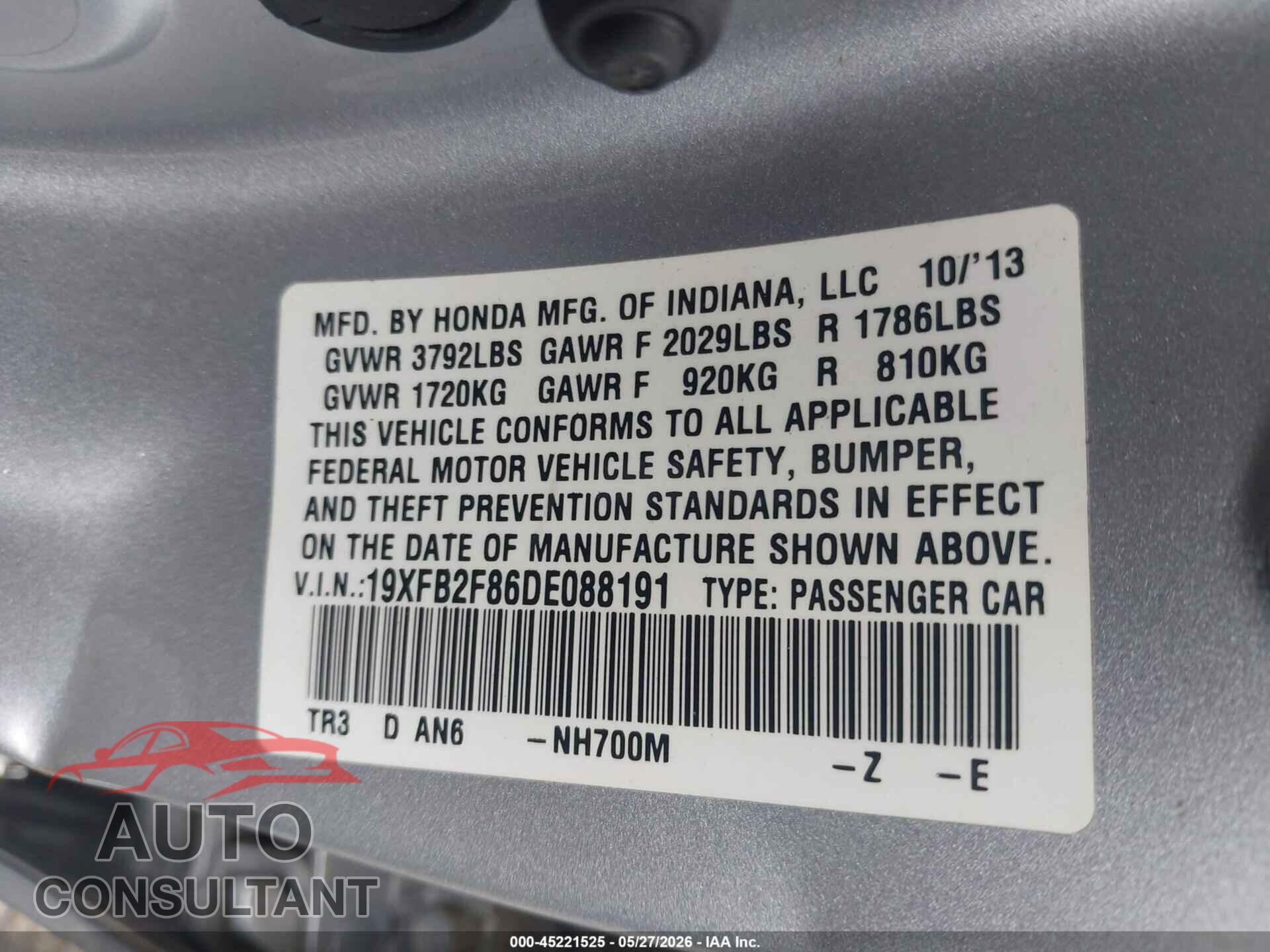 HONDA CIVIC 2013 - 19XFB2F86DE088191
