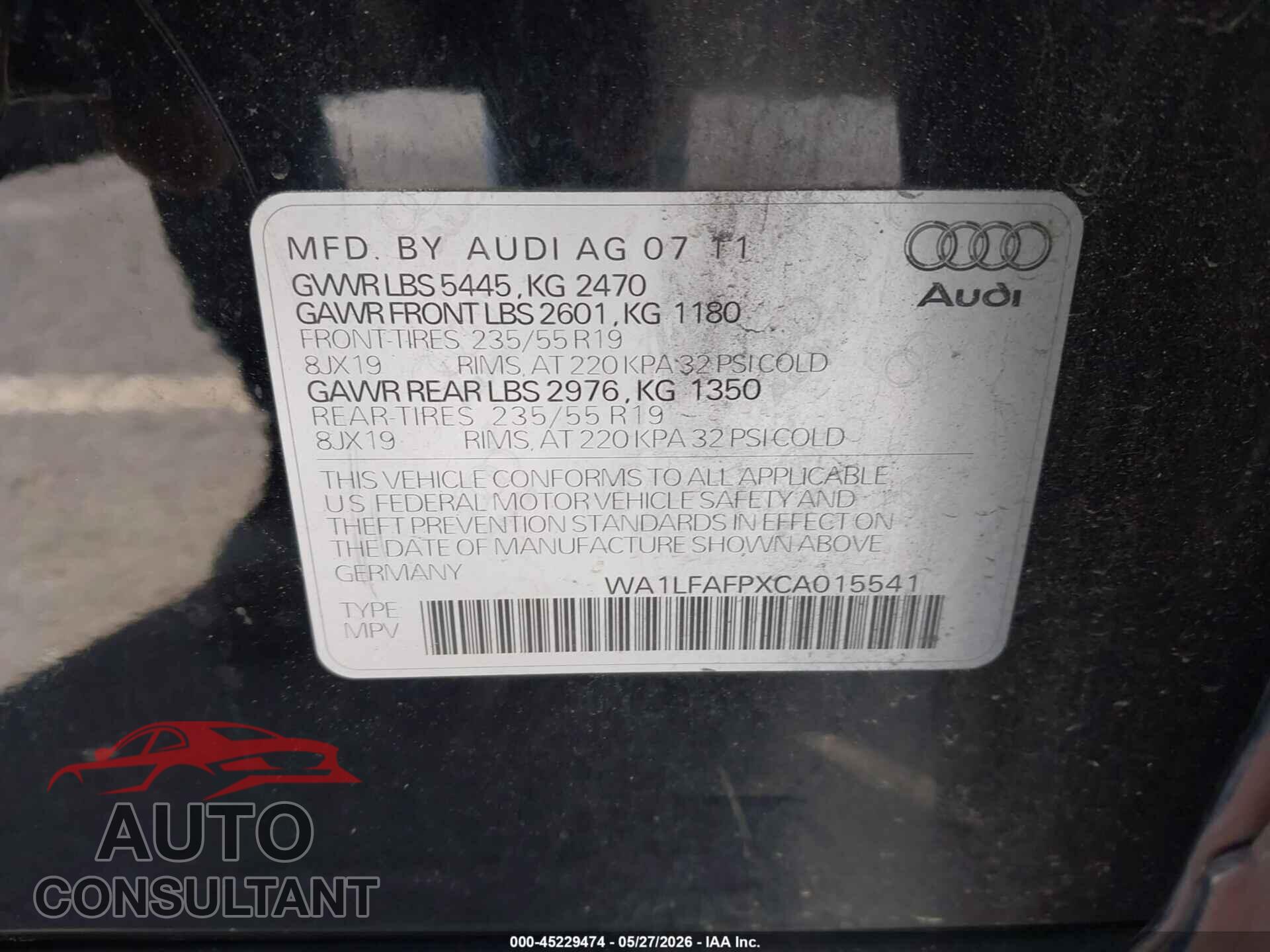 AUDI Q5 2012 - WA1LFAFPXCA015541