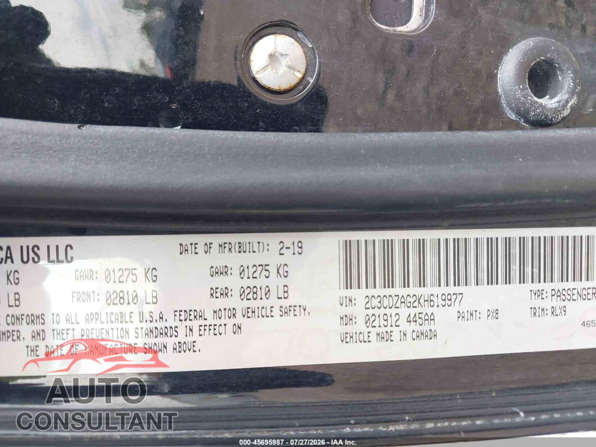 DODGE CHALLENGER 2019 - 2C3CDZAG2KH619977