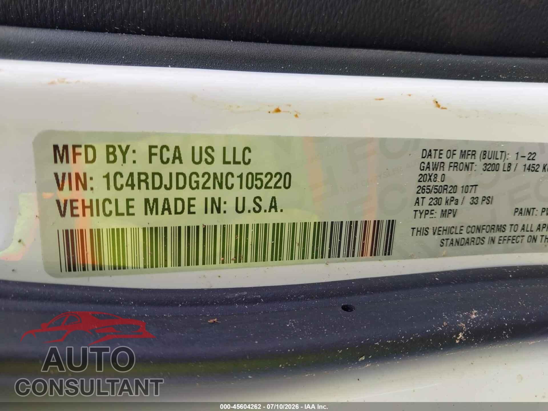 DODGE DURANGO 2022 - 1C4RDJDG2NC105220