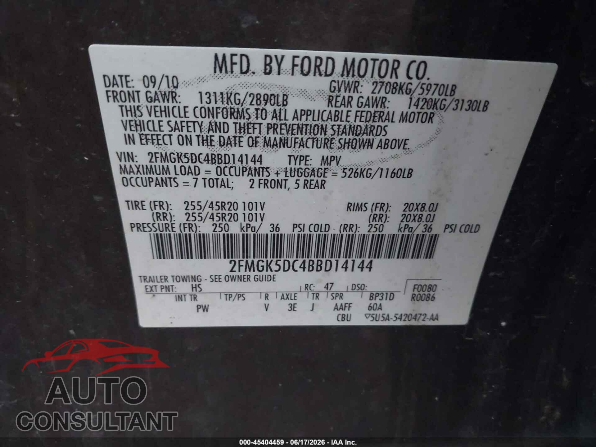 FORD FLEX 2011 - 2FMGK5DC4BBD14144