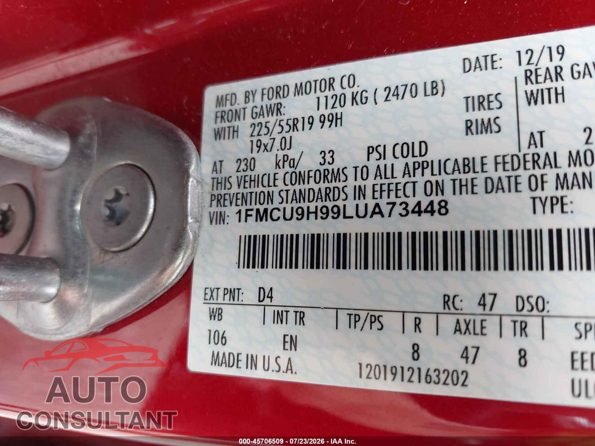 FORD ESCAPE 2020 - 1FMCU9H99LUA73448