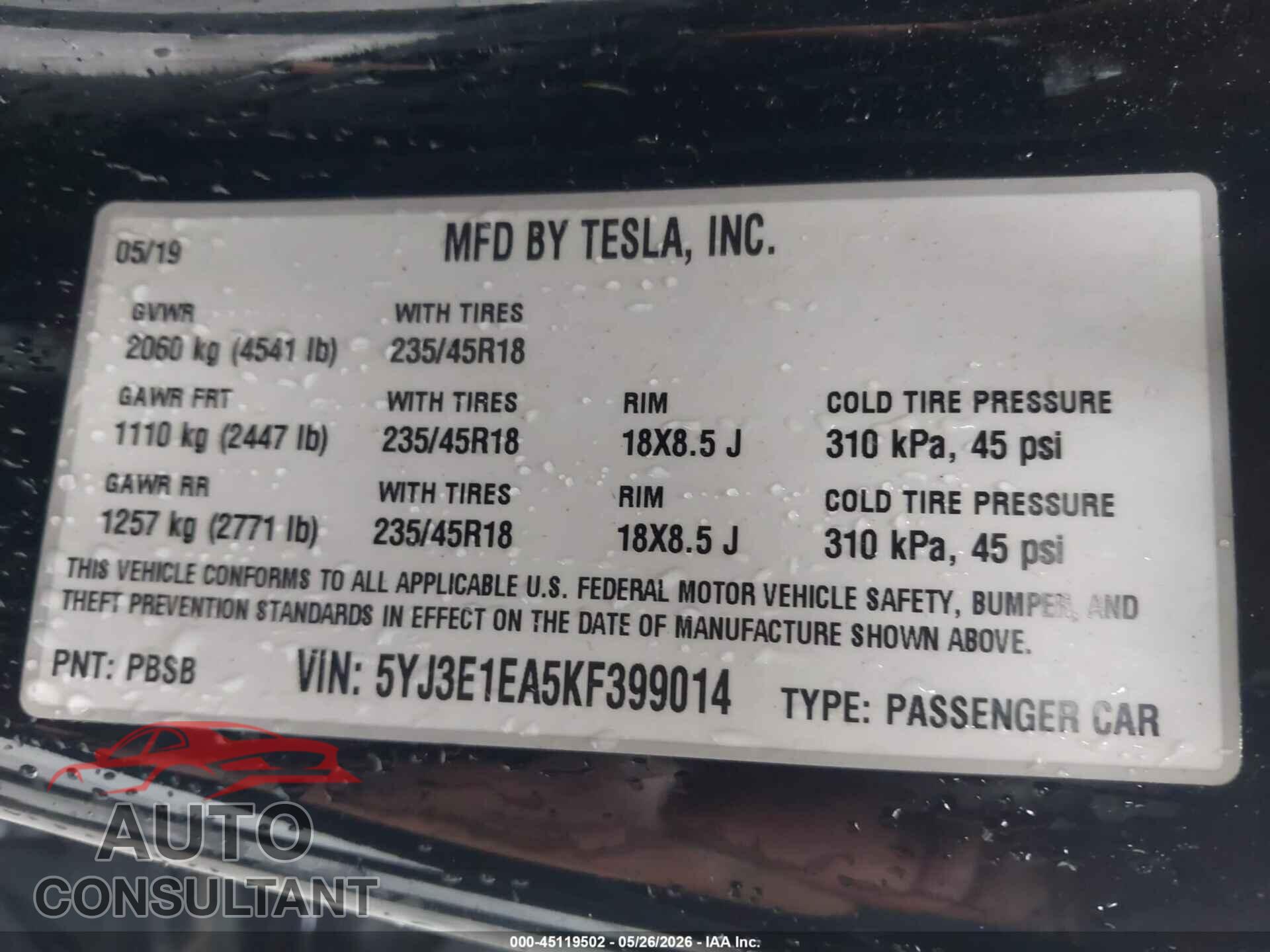 TESLA MODEL 3 2019 - 5YJ3E1EA5KF399014