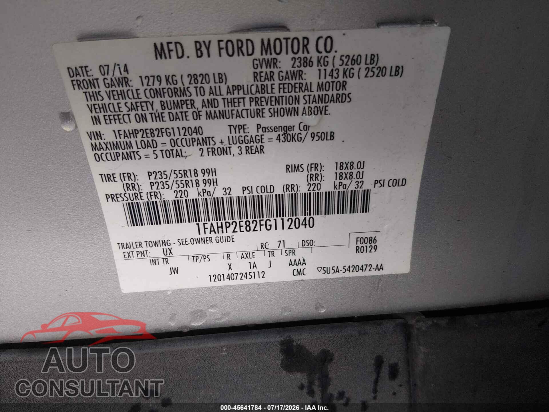 FORD TAURUS 2015 - 1FAHP2E82FG112040