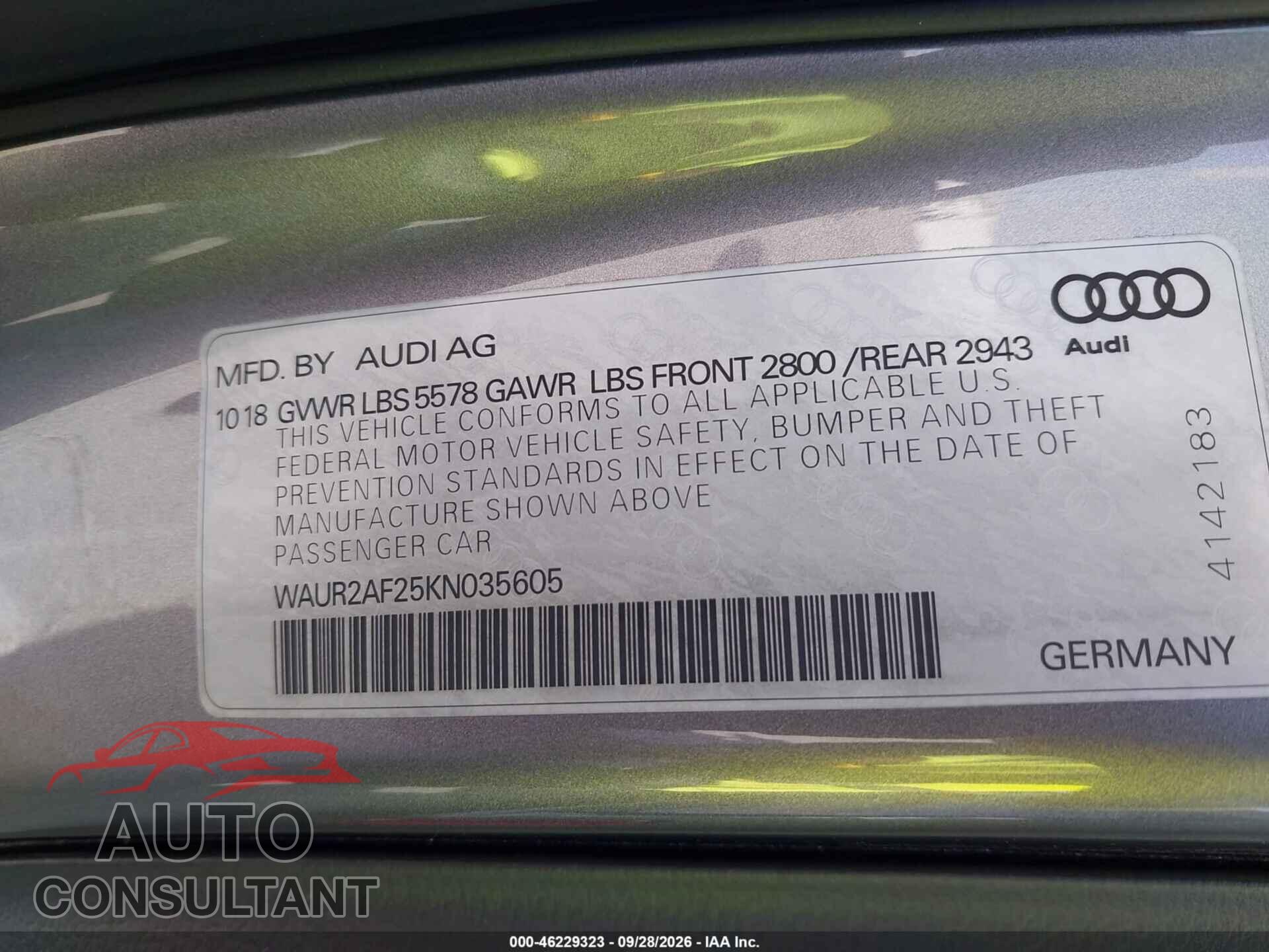 AUDI A7 2019 - WAUR2AF25KN035605