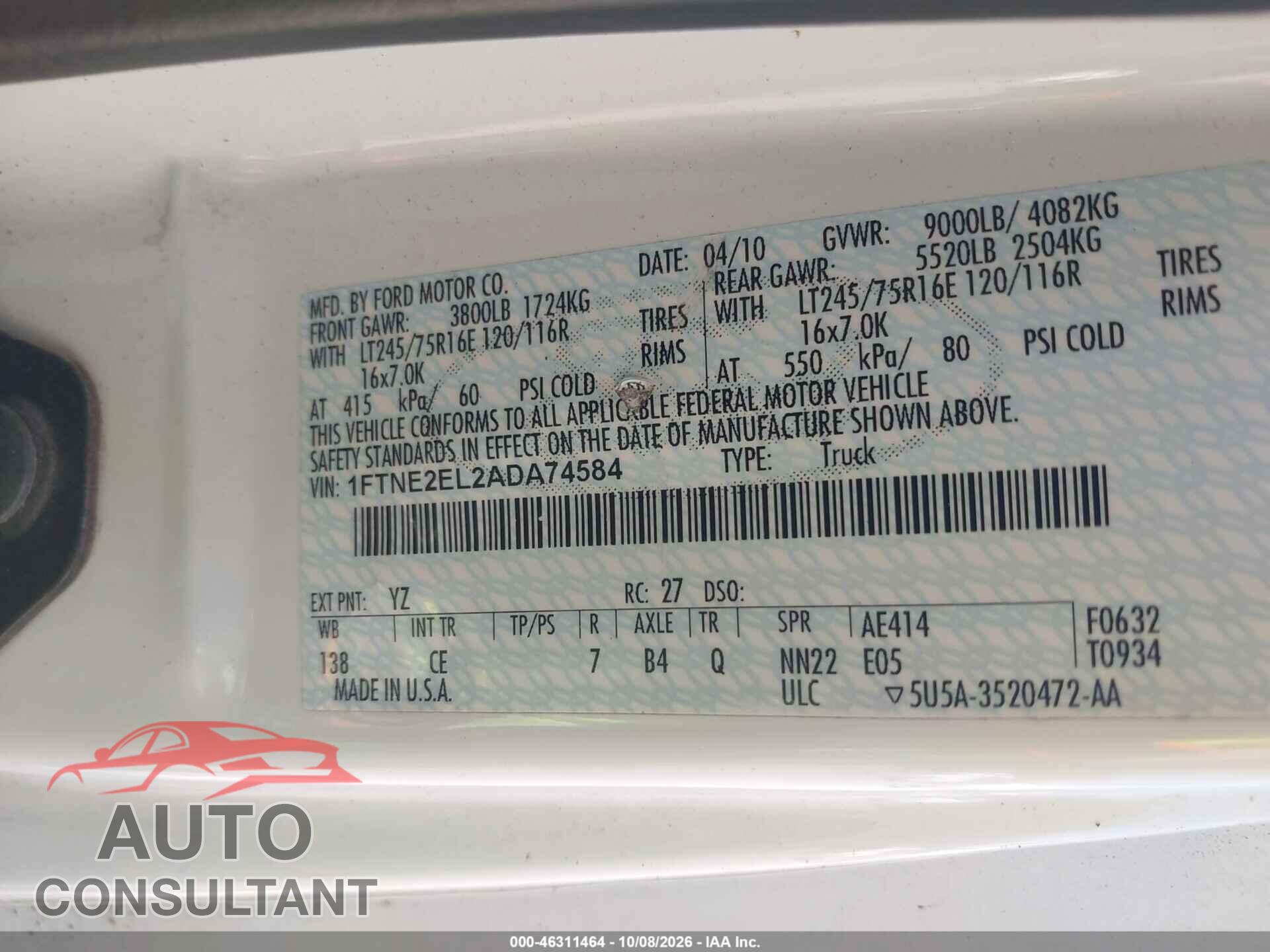 FORD E-250 2010 - 1FTNE2EL2ADA74584