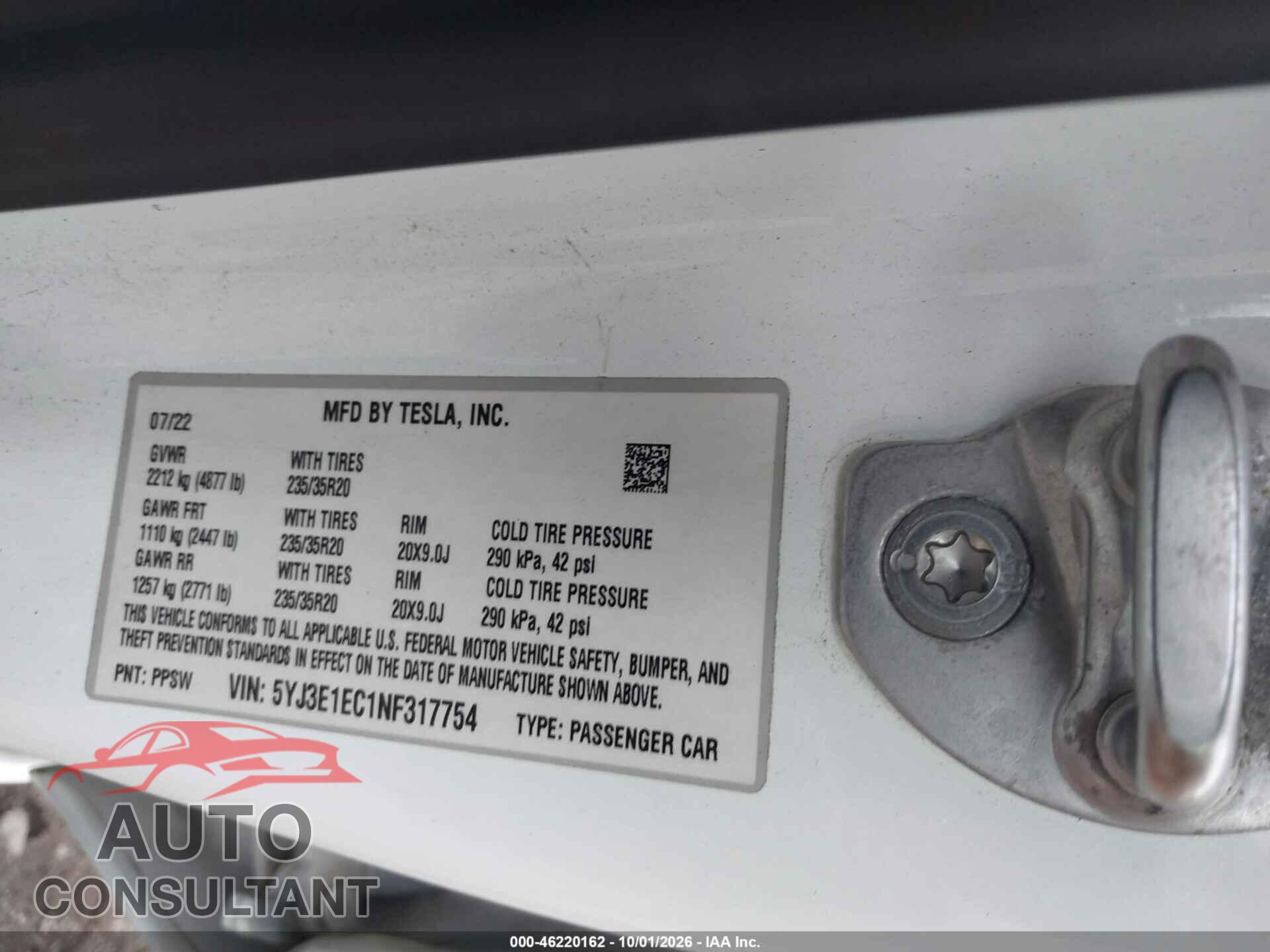 TESLA MODEL 3 2022 - 5YJ3E1EC1NF317754