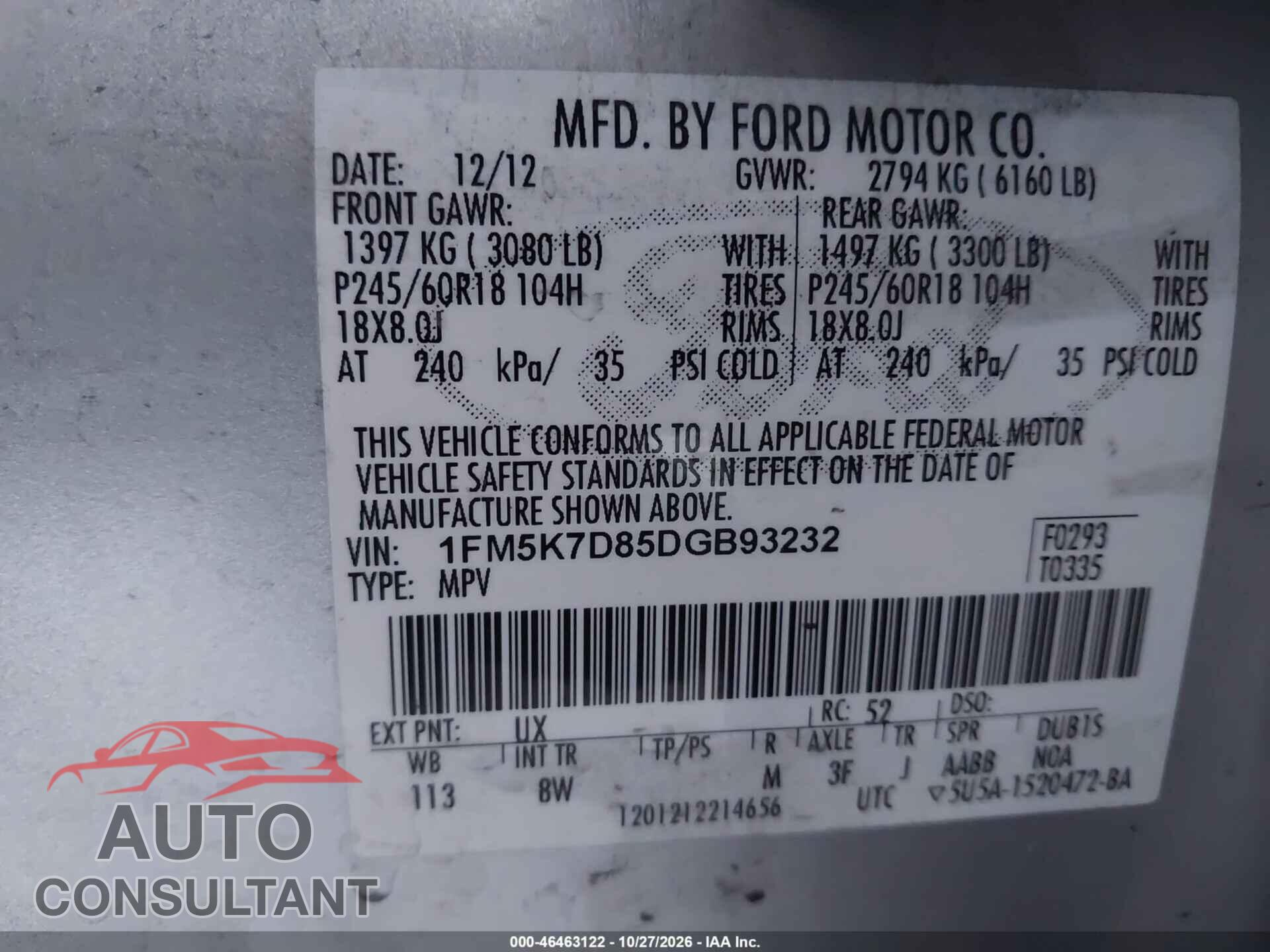 FORD EXPLORER 2013 - 1FM5K7D85DGB93232