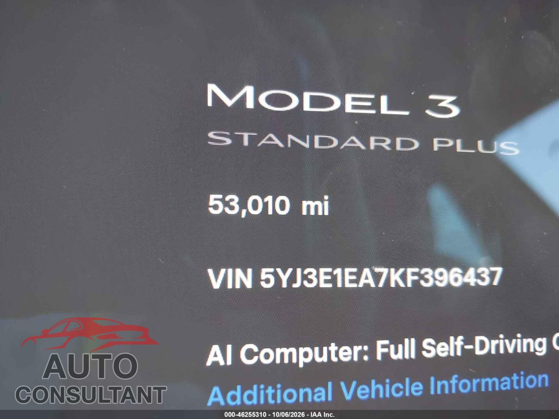 TESLA MODEL 3 2019 - 5YJ3E1EA7KF396437